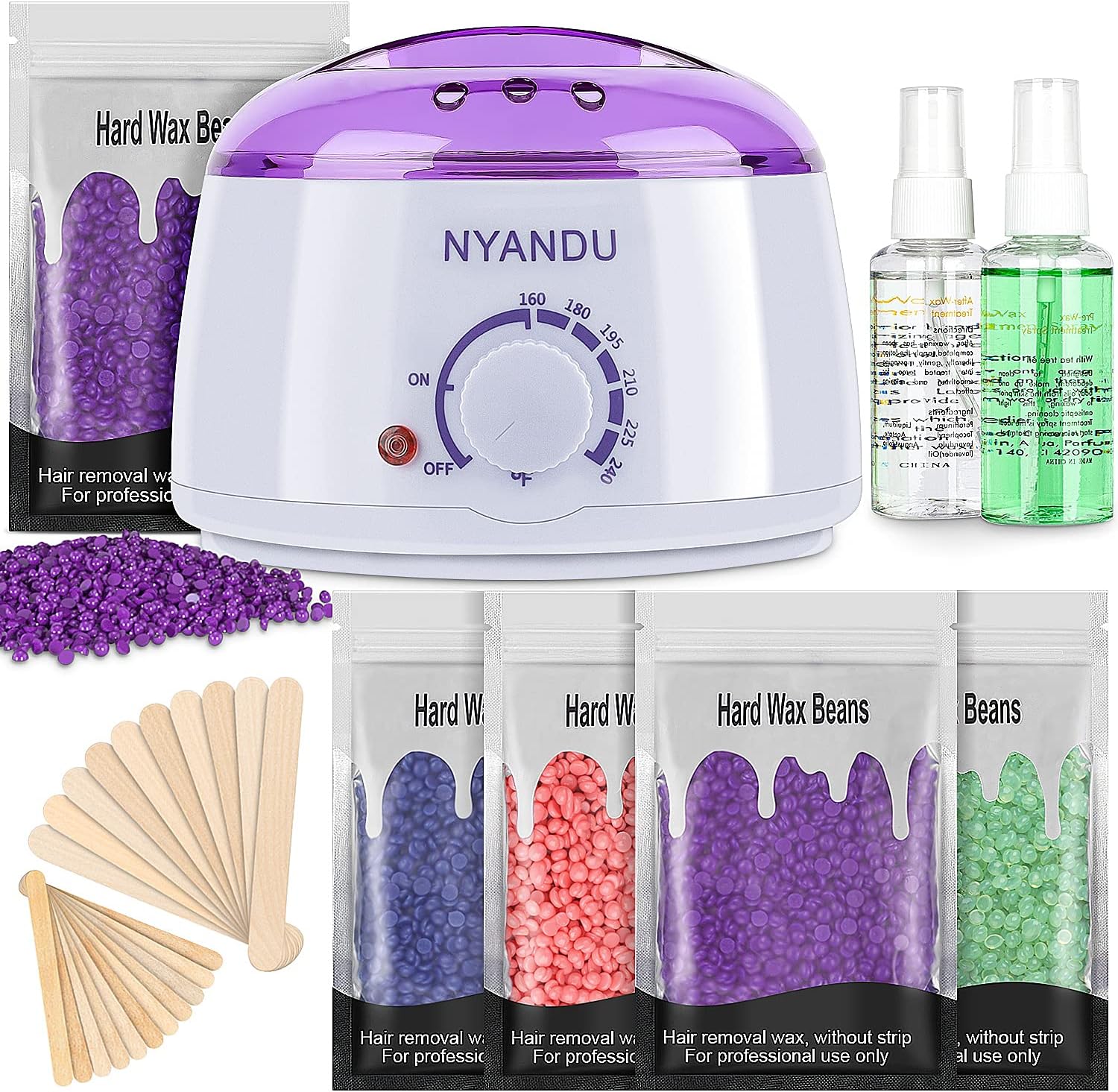 Waxing Kit for Women Men, NYANDU Wax Warmer for Hair Removal, 17.6 oz Wax Beads (5 Packs), Hard Wax Kit for Coarse Hair Facial Eyebrow Legs Armpit Bikini Brazilian, Professional Home Wax Machine
