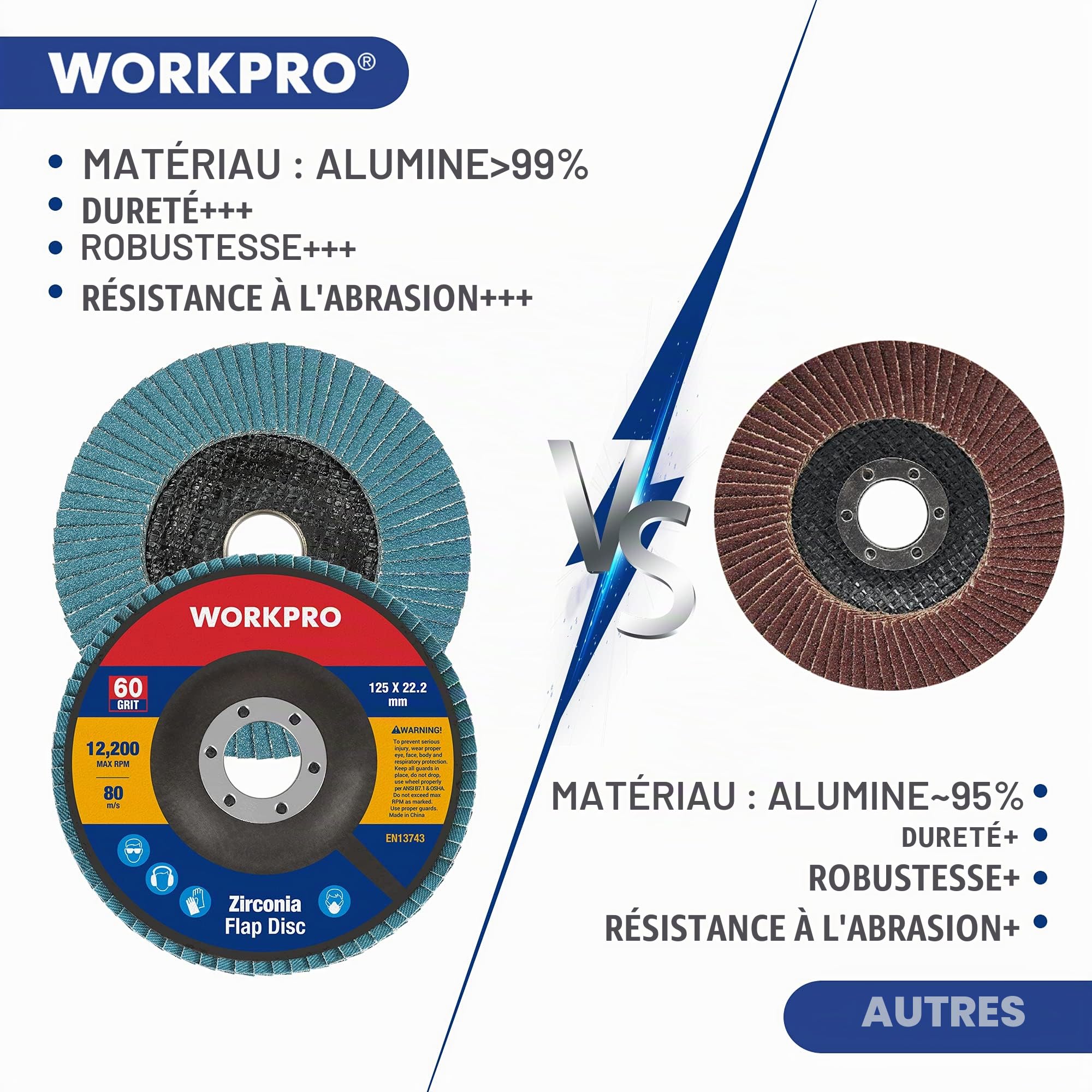 WORKPRO Lot de 10 Disques Abrasifs à Lamelles 125 mm, Grain 60, Disque à Meuler en Alumine de Qualité Supérieure pour Enlever Ebavure, Rouille, Polissage, Finition