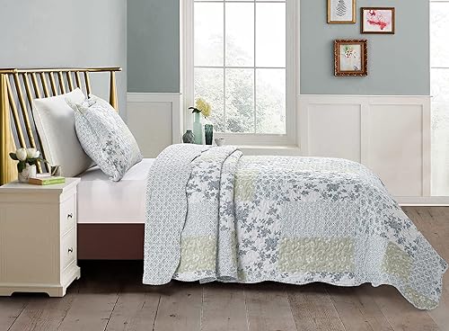 Miniatura 141 de Brilliant Sunshine Juego de edredón de 3 piezas con 2 fundas de almohada, diseño de corazón gris, diseño floral y de encaje, colcha reversible