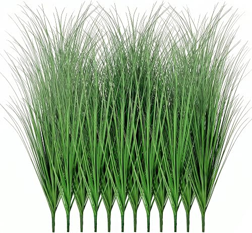 12PCS Artificial Plants Outdoor, 21" Faux Grass Greenery Stems Green | UV-resistant, maintenance-free fake tall grass with lifelike wheat blades for garden, porch, window box, vases & indoor decor