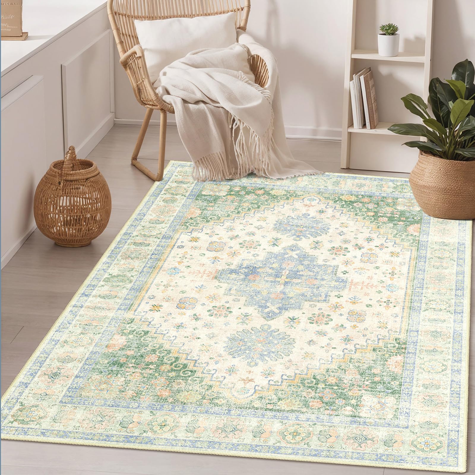MUJOO 3x5 Rug Washable,Boho Area Rug for Bedroom Entryway Living Room Bathroom,Small Non Slip Indoor Throw Carpet Low Pile Light Green and Blue