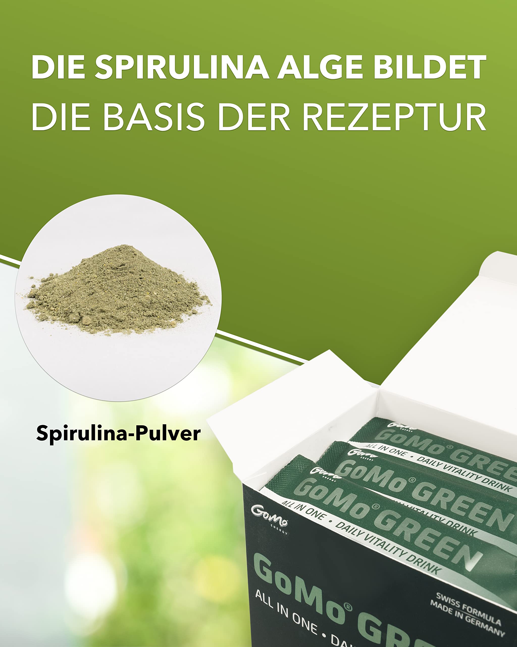 GoMo® GREEN | All in One - Daily Vitality Drink mit Spirulina aus Österreich | Zur Verbesserung der Leistungsfähigkeit & Konzentration I deine tägliche Greens Energie made in Germany | 30 Portionen