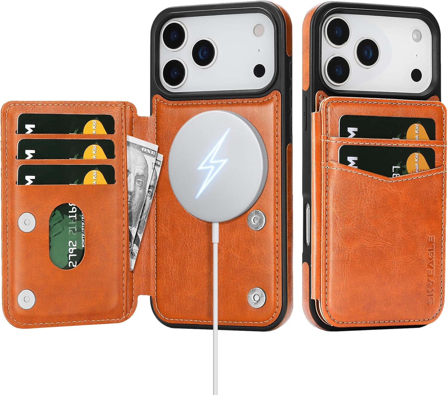 Compatible with Magsafe for iPhone 17 Pro Max Wallet Case with Card Holder,Women Men Phone Case PU Leather Kickstand Flip Protective Cover Credit Card Slots,for Apple 17 ProMax,Orange