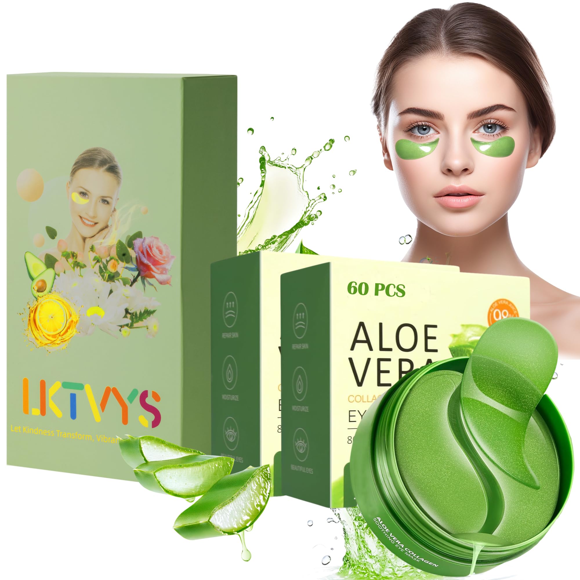 Lktvys Aloe Vera Eye Gel Patches 2 Pack 120 PCS, Soothing & Hydrating, Reducing Dark Circles and Puffiness, Collagen-Infused Eye Mask, Refreshing &