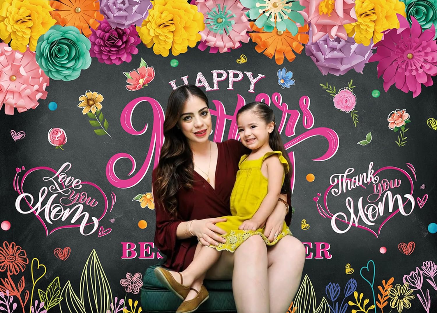 Happy Mother's Day Backdrop for Photography 8x6FT Colorful Flowers Paper Best Mom Ever Banner Background Mother Day Party Decorations Supplies Photo Props