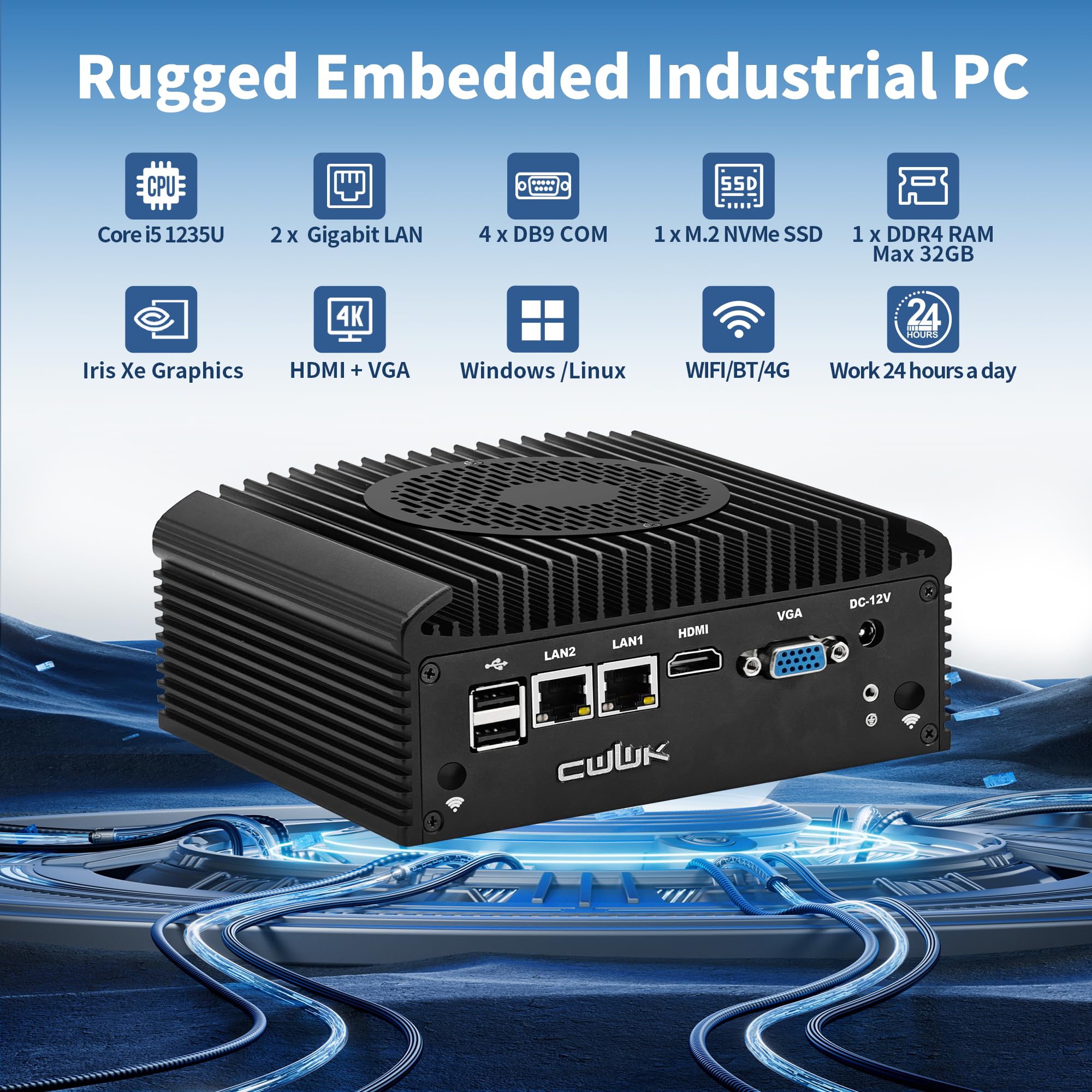 CWWK Mini PC Industriale, Micro Embedded PC Core i5-1235U, 4 Porte COM RS232/RS485, Dual Gigabit LAN, C12D Mini Computer, SIM, HD, VGA, GPIO, WiFi/BT, 8GB RAM 256GB NVMe SSD