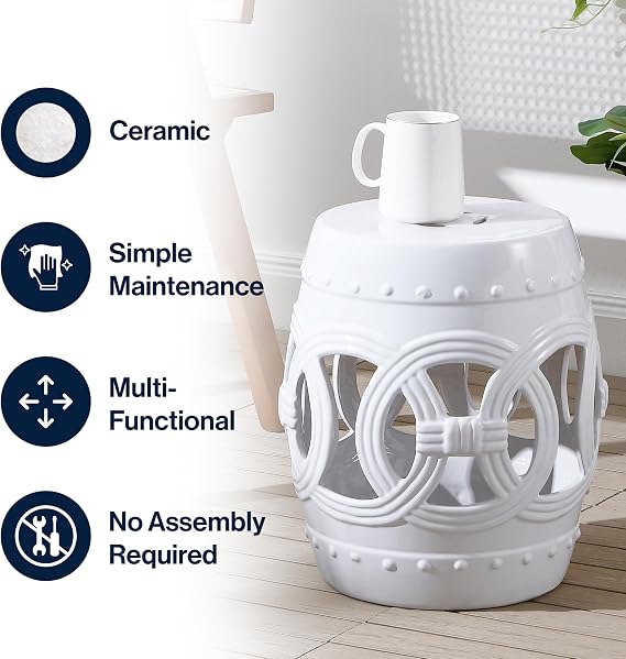 JONATHAN Y Lucky Coins 16 Ceramic Garden Stool, Contemporary White Cutout Interlocking Rings Drum Indoor/Outdoor Side Table and Plant Stand for Patio, Garden, Living Room TBL1022A