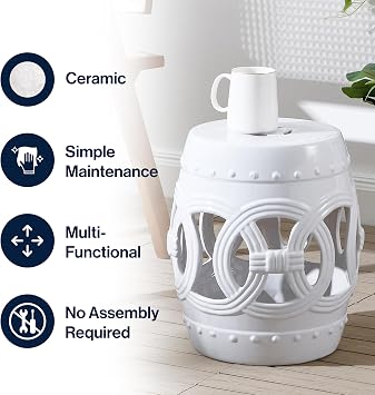 JONATHAN Y Lucky Coins 16 Ceramic Garden Stool, Contemporary White Cutout Interlocking Rings Drum Indoor/Outdoor Side Table and Plant Stand for Patio, Garden, Living Room TBL1022A