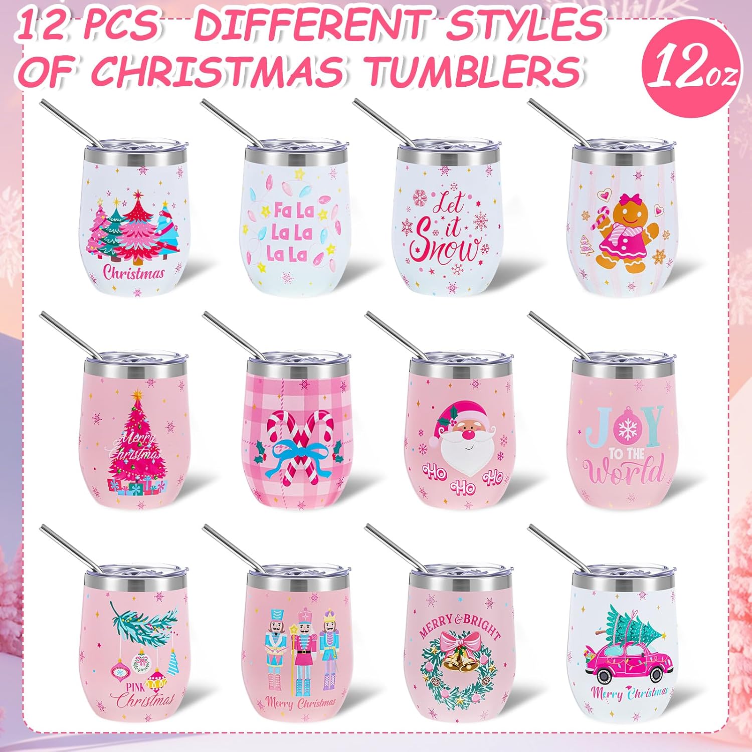meekoo 12 Sets Christmas Wine Tumbler 12oz Stainless Steel Vacuum Insulated Winter Coffee Mug Stemless Xmas Wine Glasses Holiday Gift for Teacher Coworker Friend Travel Party(Pink Christmas)