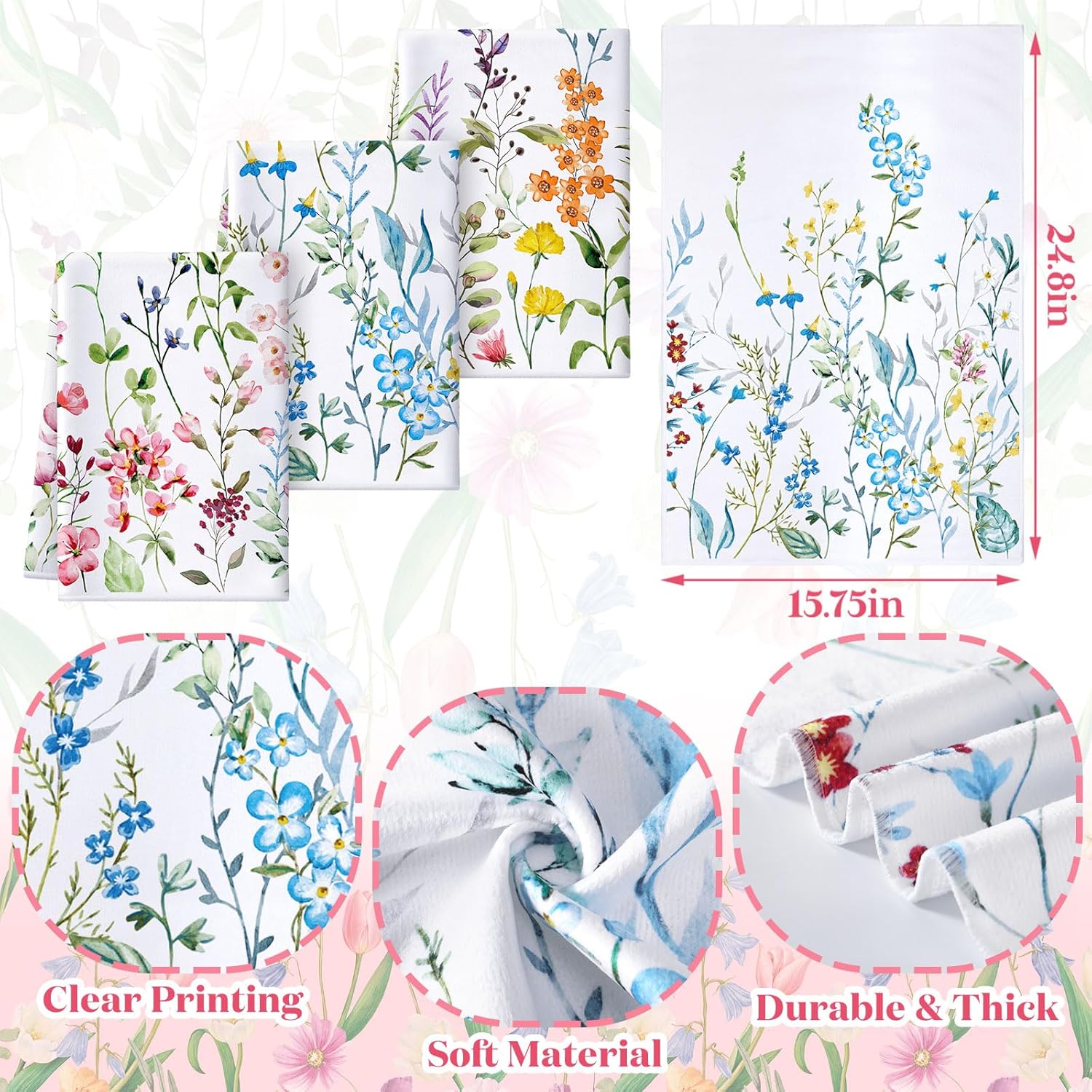 Newwiee 7 Pcs Flower Shower Curtain Set with Non-Slip Mats Bathroom Set with Shower Curtain and Towels Toilet Mat Waterproof Watercolor Bathroom Decor Bath Accessories