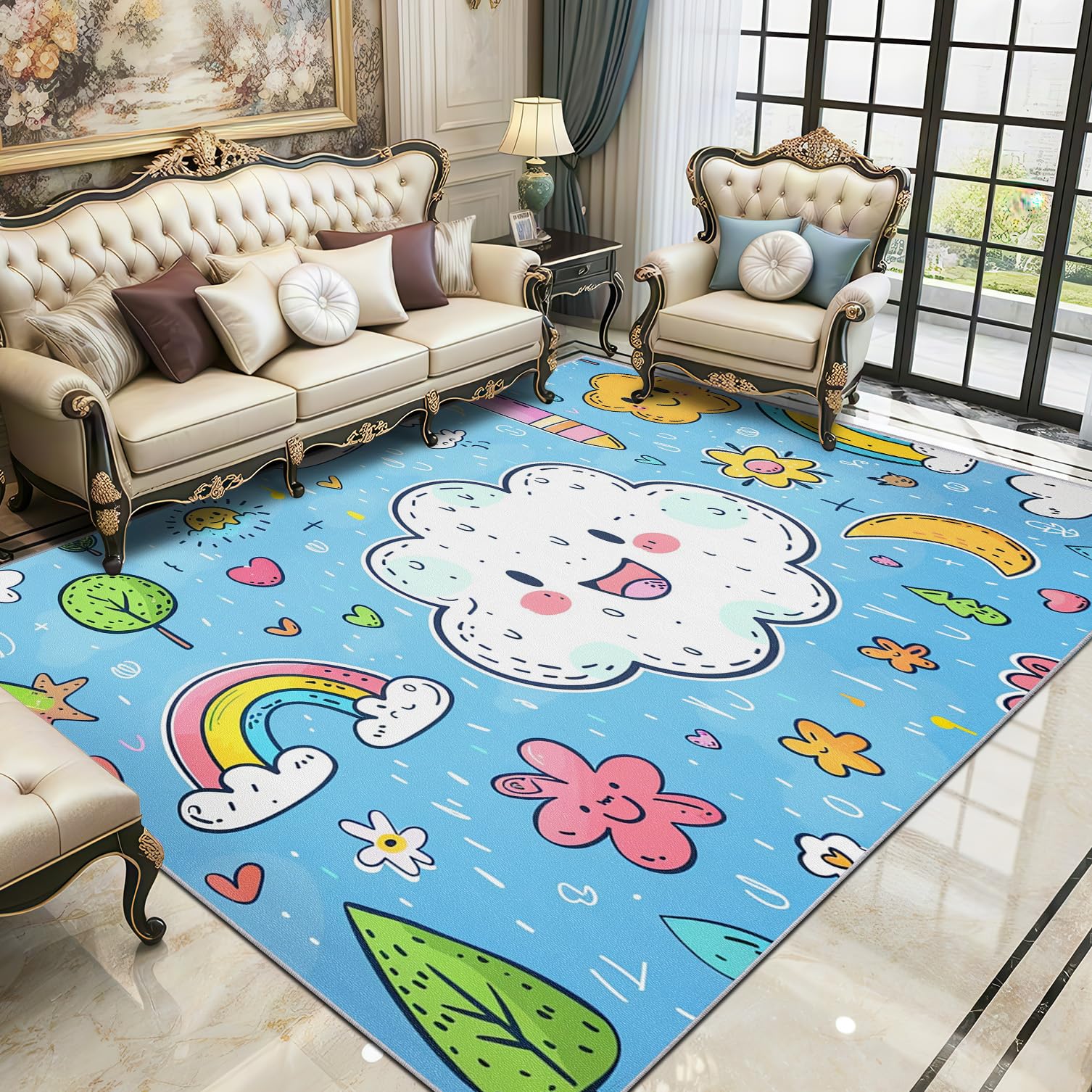 Wolke Teppich Waschbar, Süß Cartoon Regenbogen Teppich 80x150 cm, Kinderzimmer Kinder rutschfest Waschbar Pflegeleicht Teppiche Für Schlafzimmer Küche, Blau Weiß Rosa