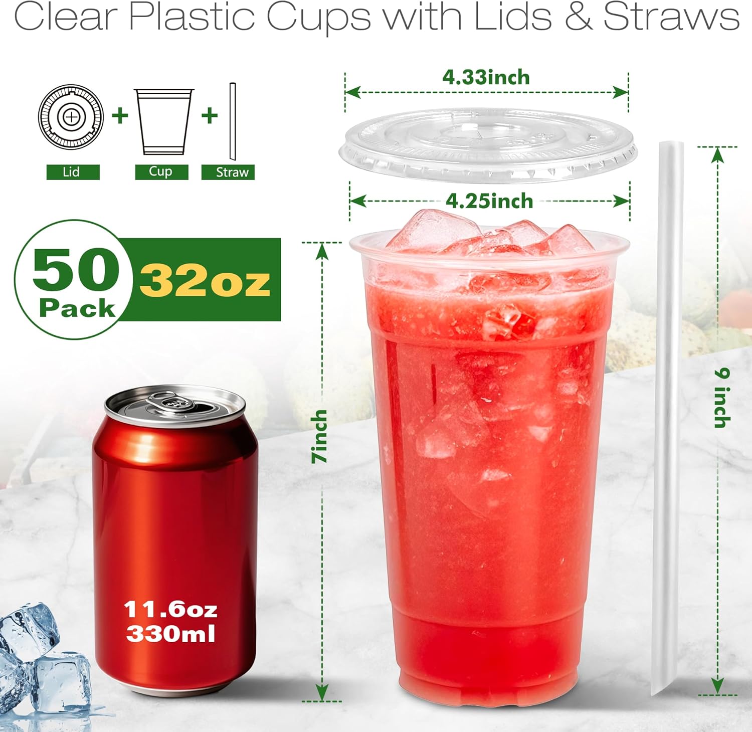 Charmount 32 oz 50 Sets Clear Plastic Cups with Lids and Straws, Sturdy & Food Safe Disposable To Go Cups for Cold Drinks, Iced Coffee, Milkshakes, Smoothies - Image 2