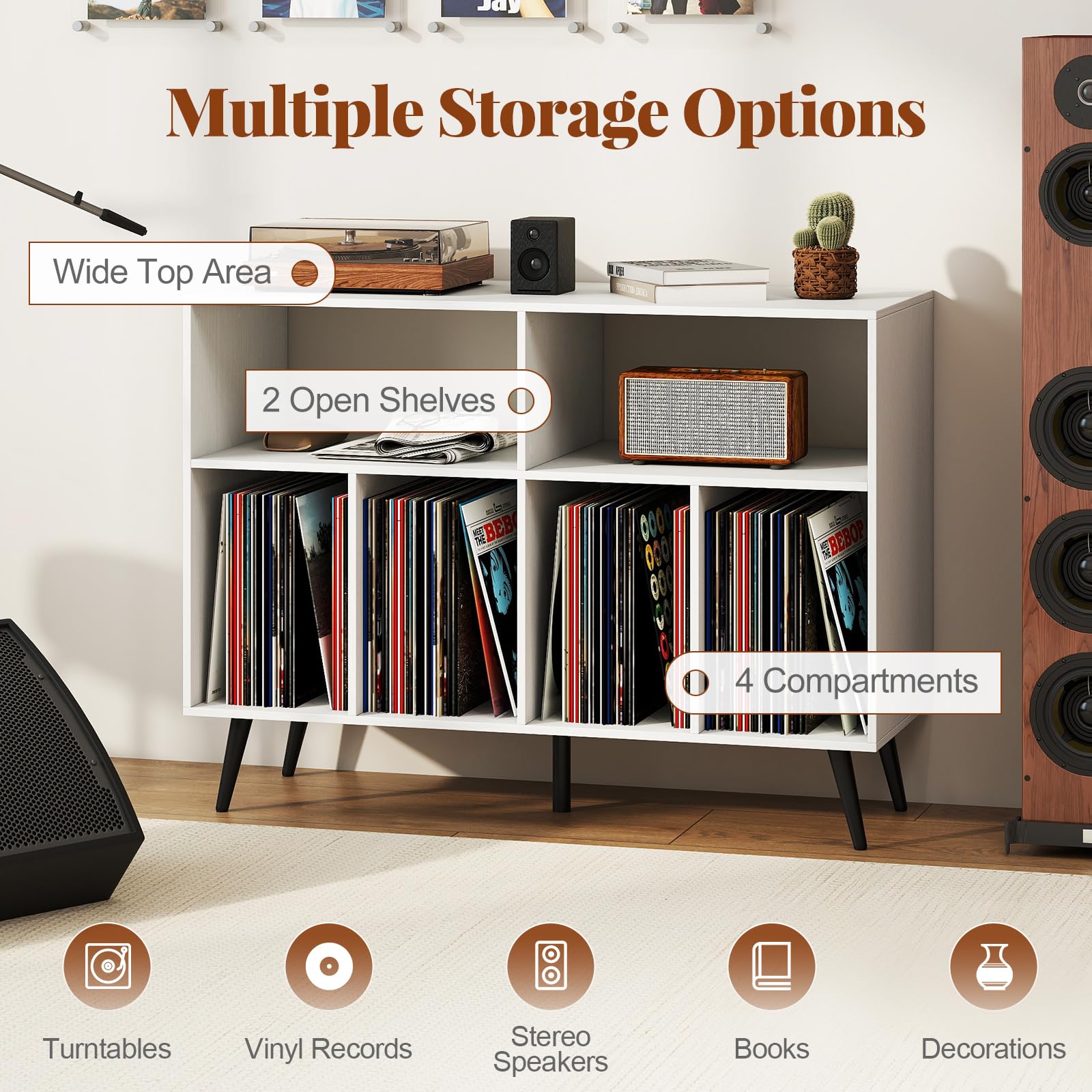 FANTASK Plattenspielerschrank mit 3-stufigem Vinylregal, Plattenspielerständer mit Aufbewahrungsfächern für Schallplatten, Retro Vinyl-Aufbewahrungstisch für Wohnzimmer & Musikzimmer Weiß