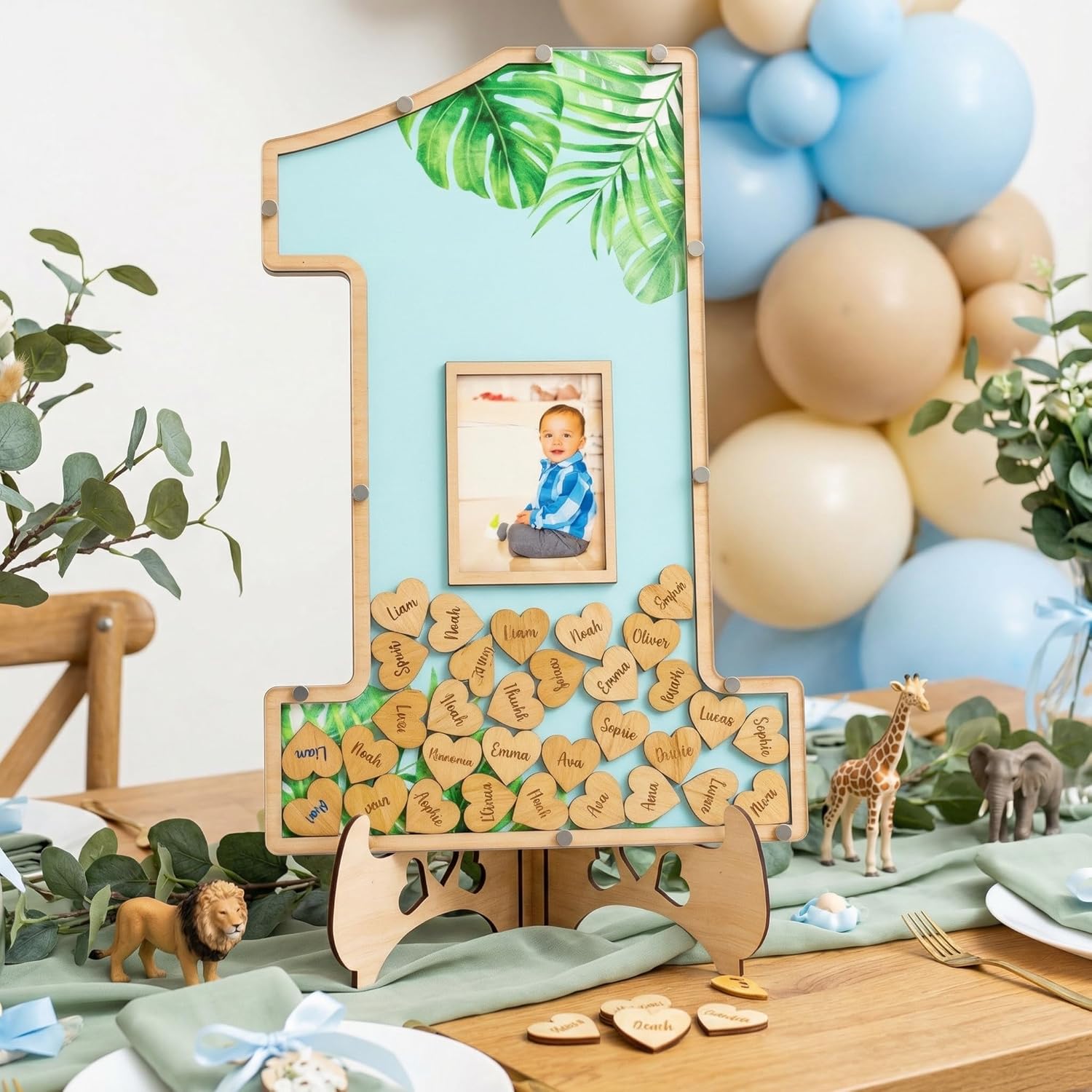 The Real Bossy Baby - Wild One Birthday Guest Book Keepsake for Boys -Jungle Decorations - Large Premium Photo Frame - 1st Birthday Gift Ideas - Wooden Shadow Box - Luxury Nursery Decor - Photo Frame (Blue)