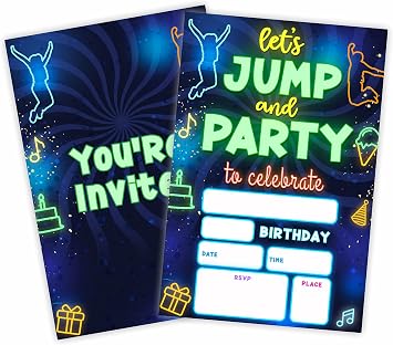 Glow Trampoline Birthday Invitations, Lets Jump & Party Birthday Invite Cards20 Count With Envelopes, Neon Double-Sided Fill In Style Invite Cards For Boys & Girls, Birthday Party Supplies-B07