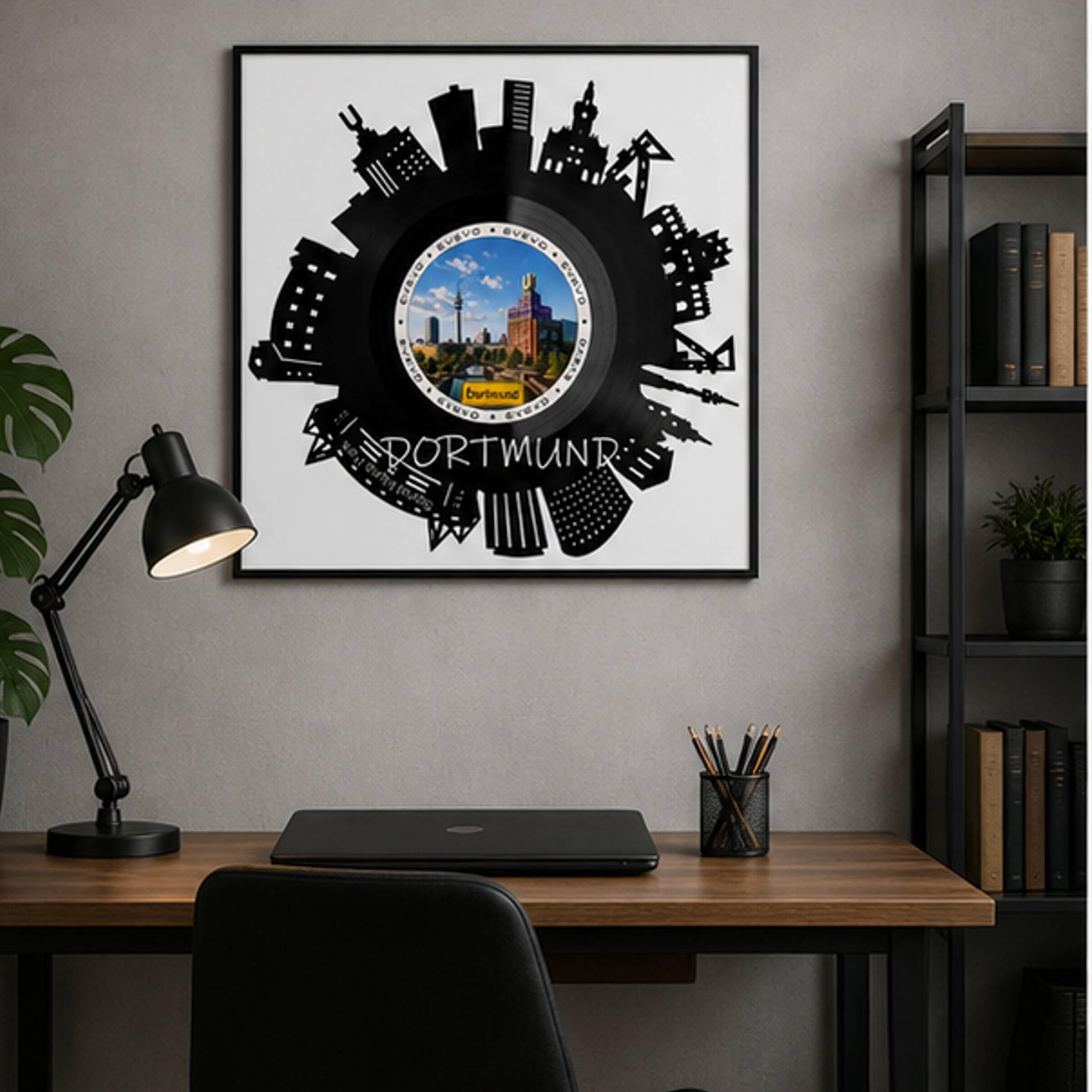 EVEVO Decorazione da parete in vinile con cornice, 32 x 32 cm, Dortmund – Decorazione da parete in vinile, motivo: Metropoli Ruhr Skyline di Dortmund, regalo per gli amanti del design