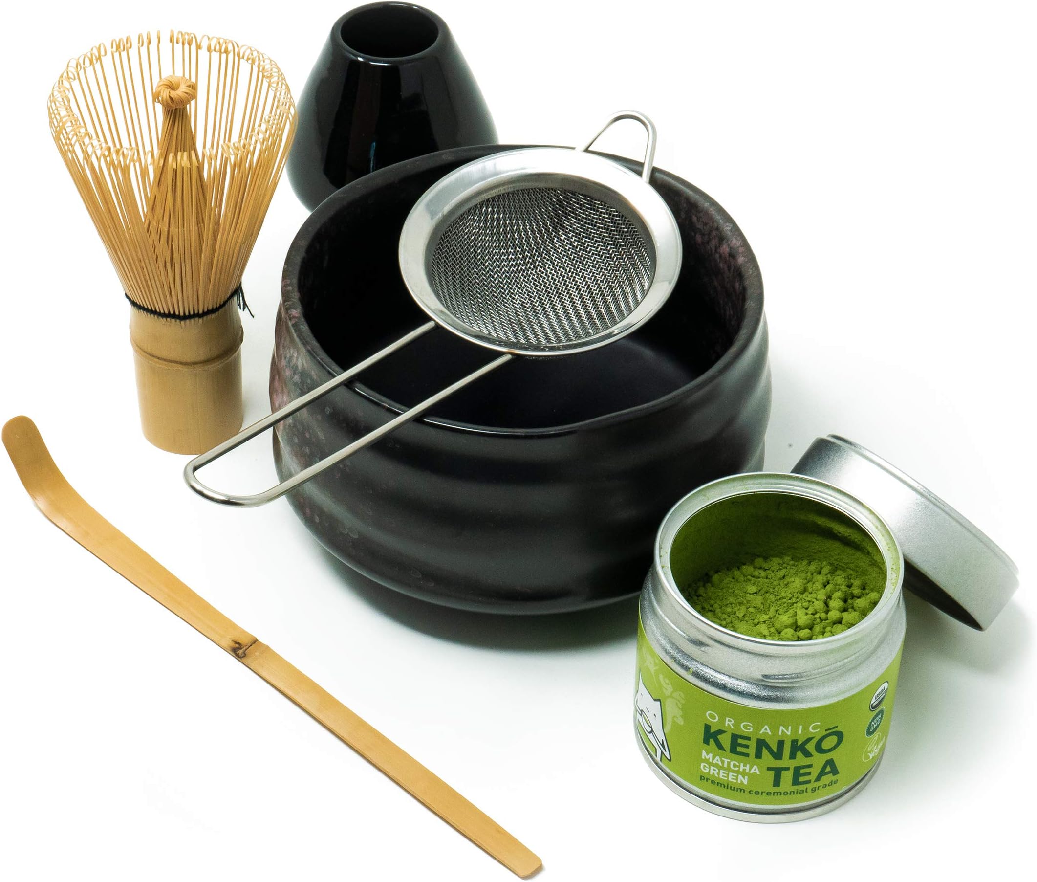 Kenko Tea Matcha Tea Ceremonial Set with Bowl, Bamboo Whisk, Bamboo Scoop. Whisk Stand and Sifter. Comes with 30g Organic Ceremonial Matcha