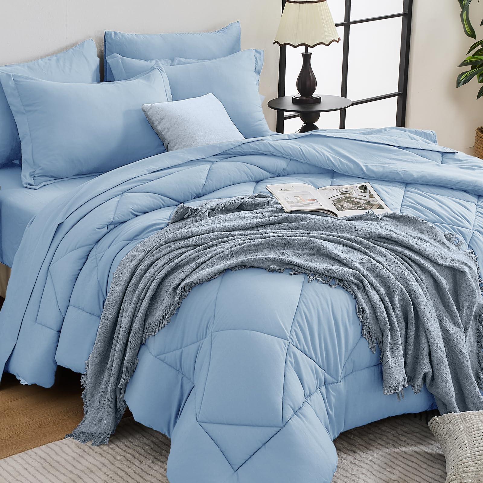 HEVUMYI 7-Piece Full Comforter Set, Light Blue Bed in a Bag