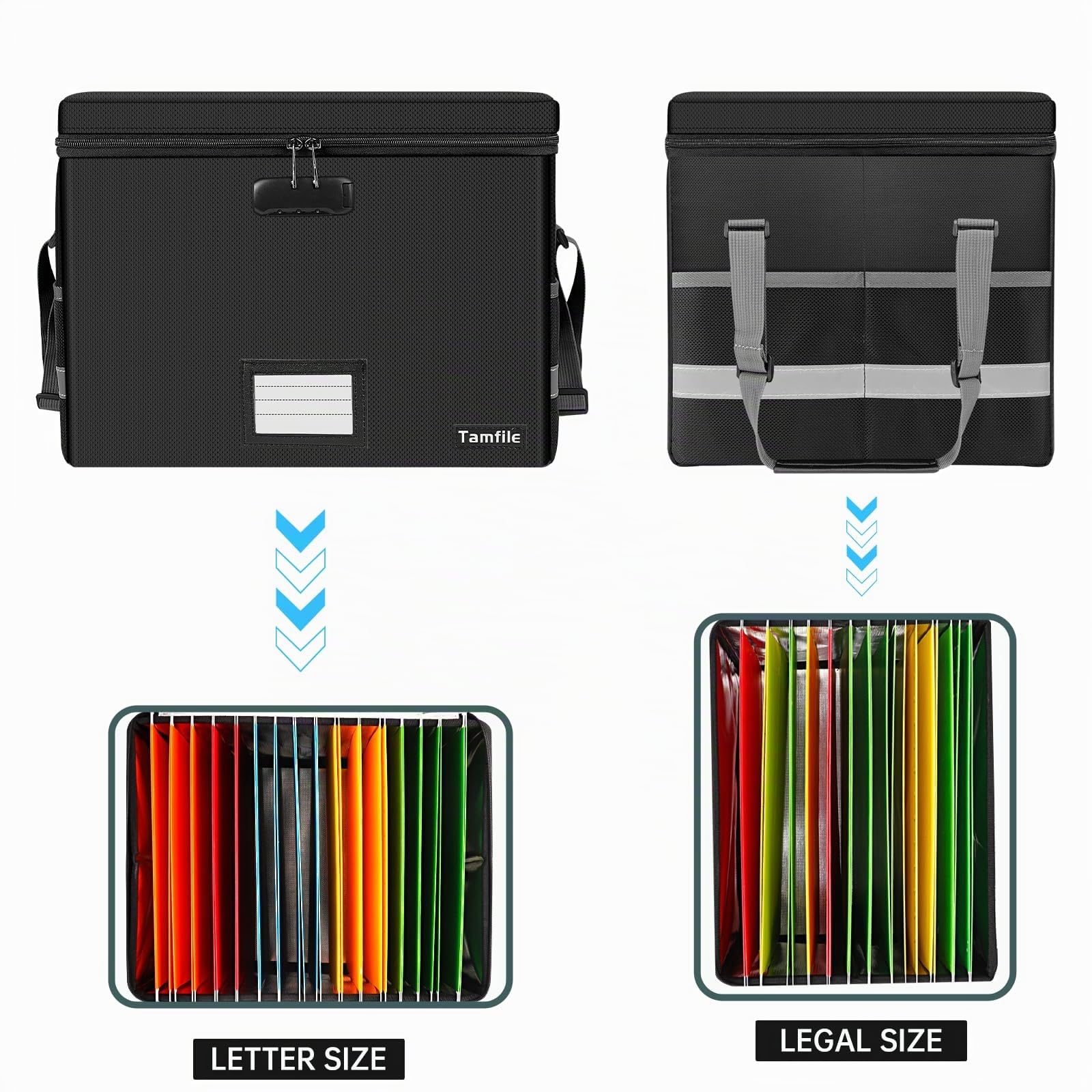 Tamfile Feuerfeste Dokumentenbox, Akten Organizer Box mit Schloss, Schwarz | Wasserfeste, Zusammenklappbare Dokumenten-Aufbewahrungsbox, Tragbare, Aktenbox zum Aufhängen, Für Briefen/Rechtsordnern, Büro