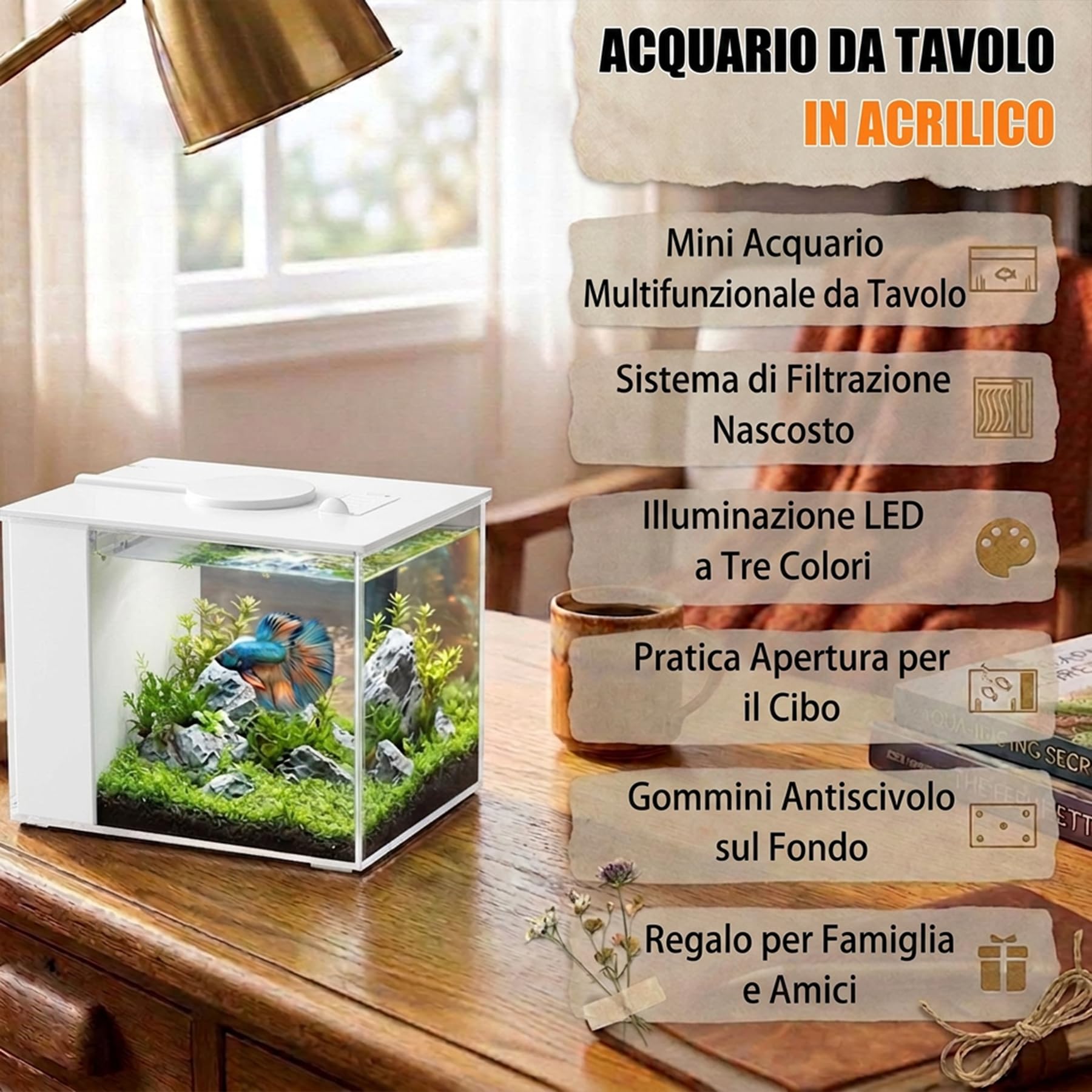 Vehipa 3,7 L Acquario Completo per Betta, Mini Acquario Completo con Pompa Filtro e Luce LED, Ideale per Pesci Piccoli, Gamberetti e Piante (Bianco)