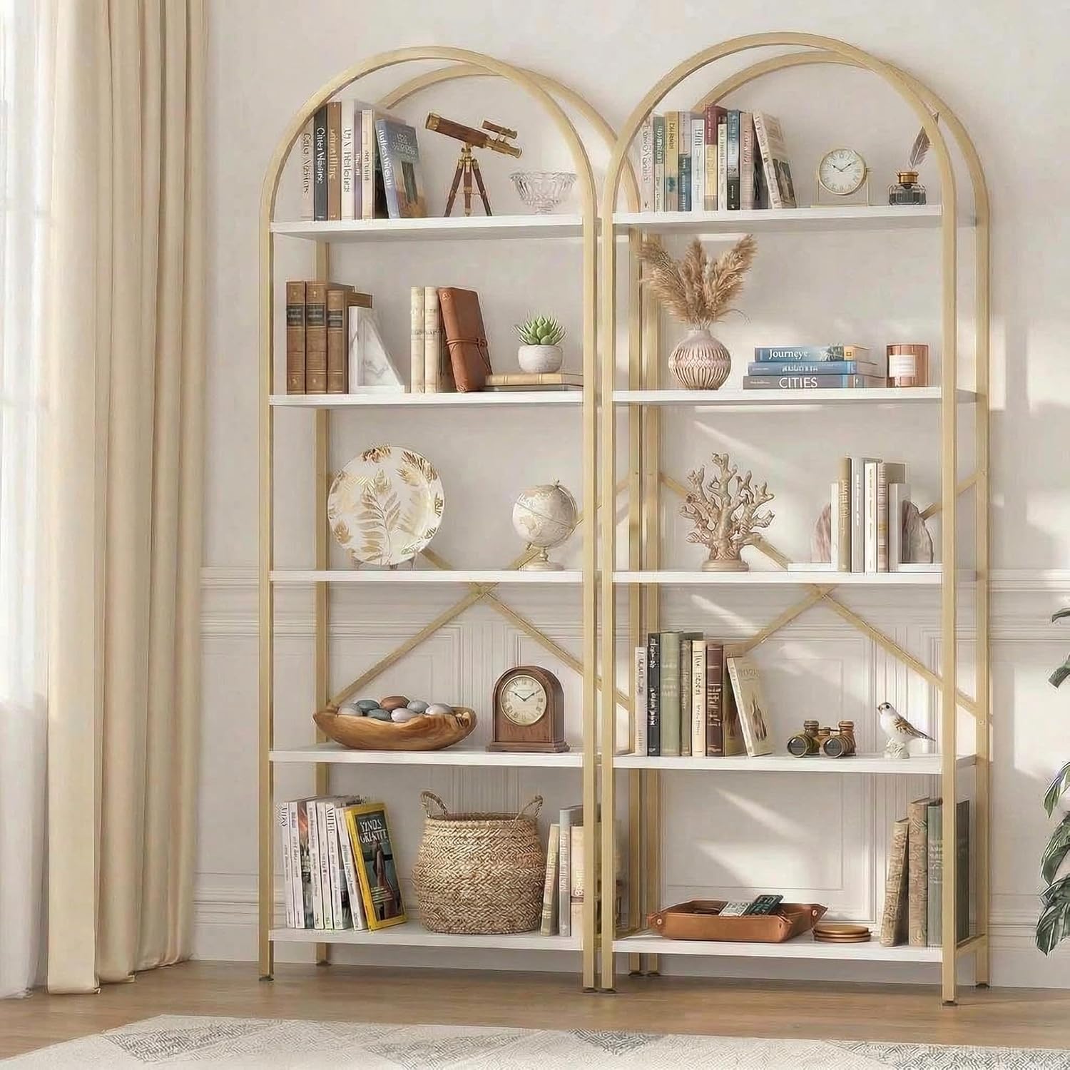 Takywep Bookshelf, Arched Bookcase with Metal Frame 5 Tiers Bookshelf Industrial Arched Cabinet Display Shelf Floorstanding Storage Shelving Unit for Bedroom Living Room Home Office, White and Gold