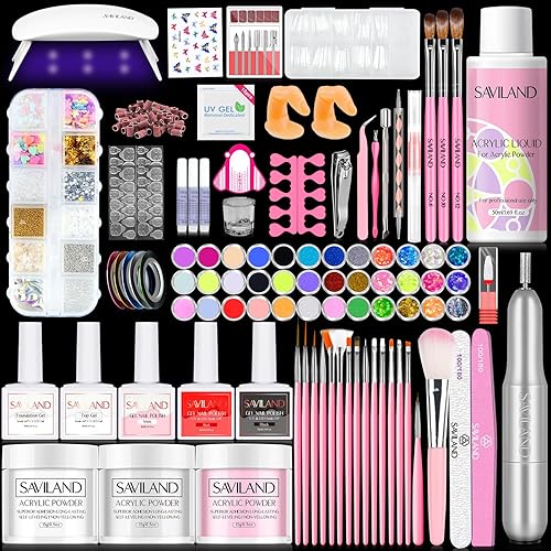 SAVILAND Acrylic Nail Kit with U V Light: HEMA & MMA Free Acrylic Set with Nail Drill Clear White Pink Acrylic Powder, 3 Colors Gel Nail Polish, Complete Manicure Tools for Acrylic Nail Home Salon Use