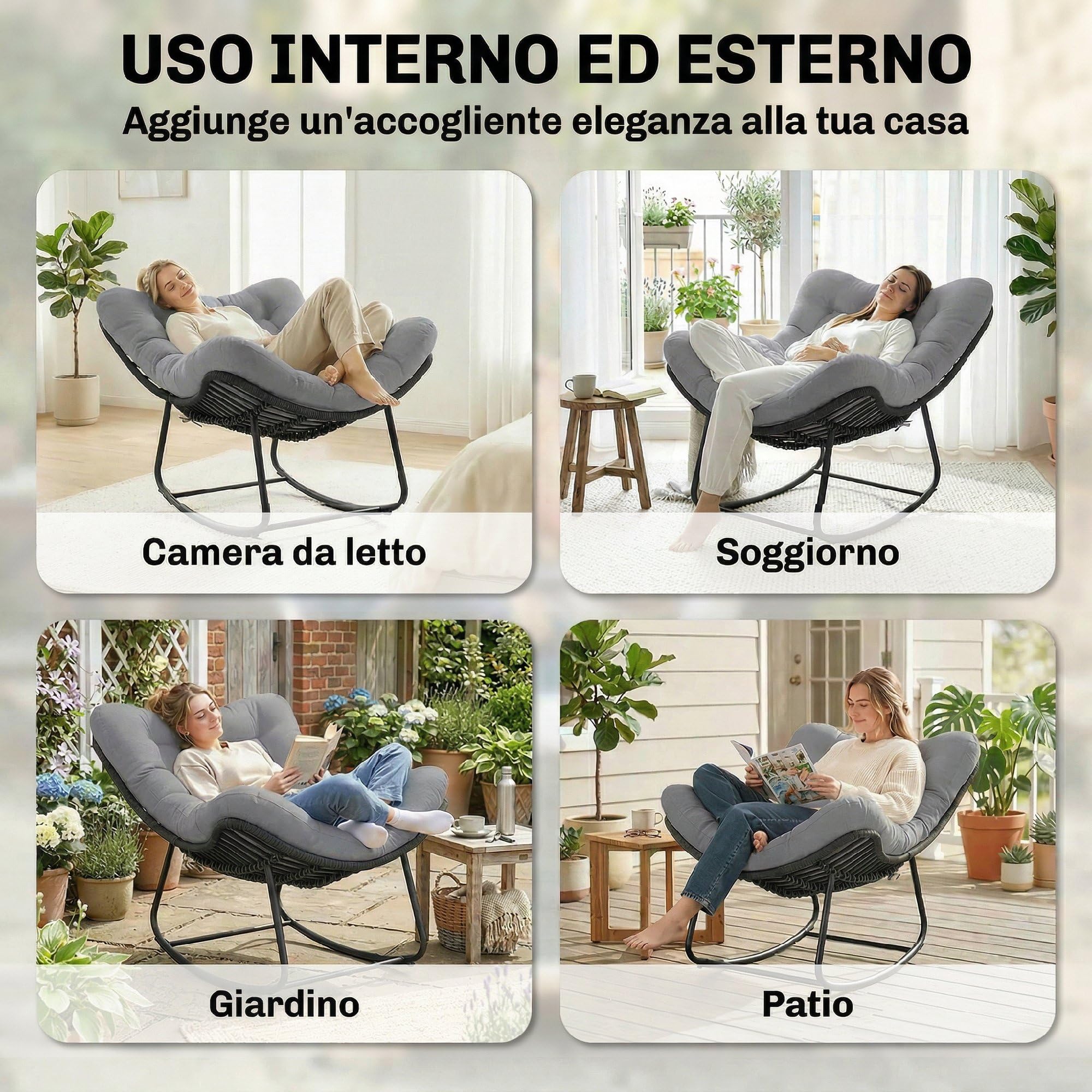 Outsunny Sedia a Dondolo in Rattan Oversize con Cuscino, Struttura Metallo Zincato, Max 120 kg, Grigio Scuro