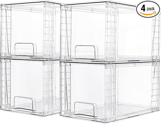 Vtopmart 4 Pack Large Stackable Storage Drawers,Easily Assemble Acrylic Bathroom Closet Undersink Organizers and Storage,Plastic Bins for Kitchen Cabinets,Pantry,Makeup,Medicine Organization