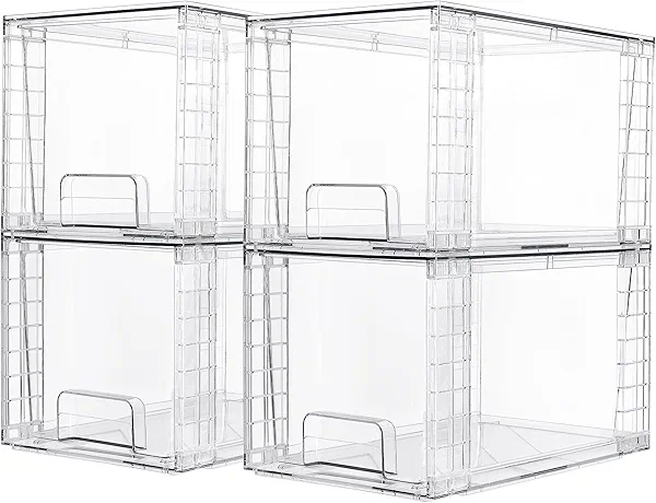 Vtopmart 4 Pack Large Stackable Storage Drawers,Easily Assemble Acrylic Bathroom Closet Undersink Organizers and Storage,Plastic Bins for Kitchen Cabinets,Pantry,Makeup,Medicine Organization