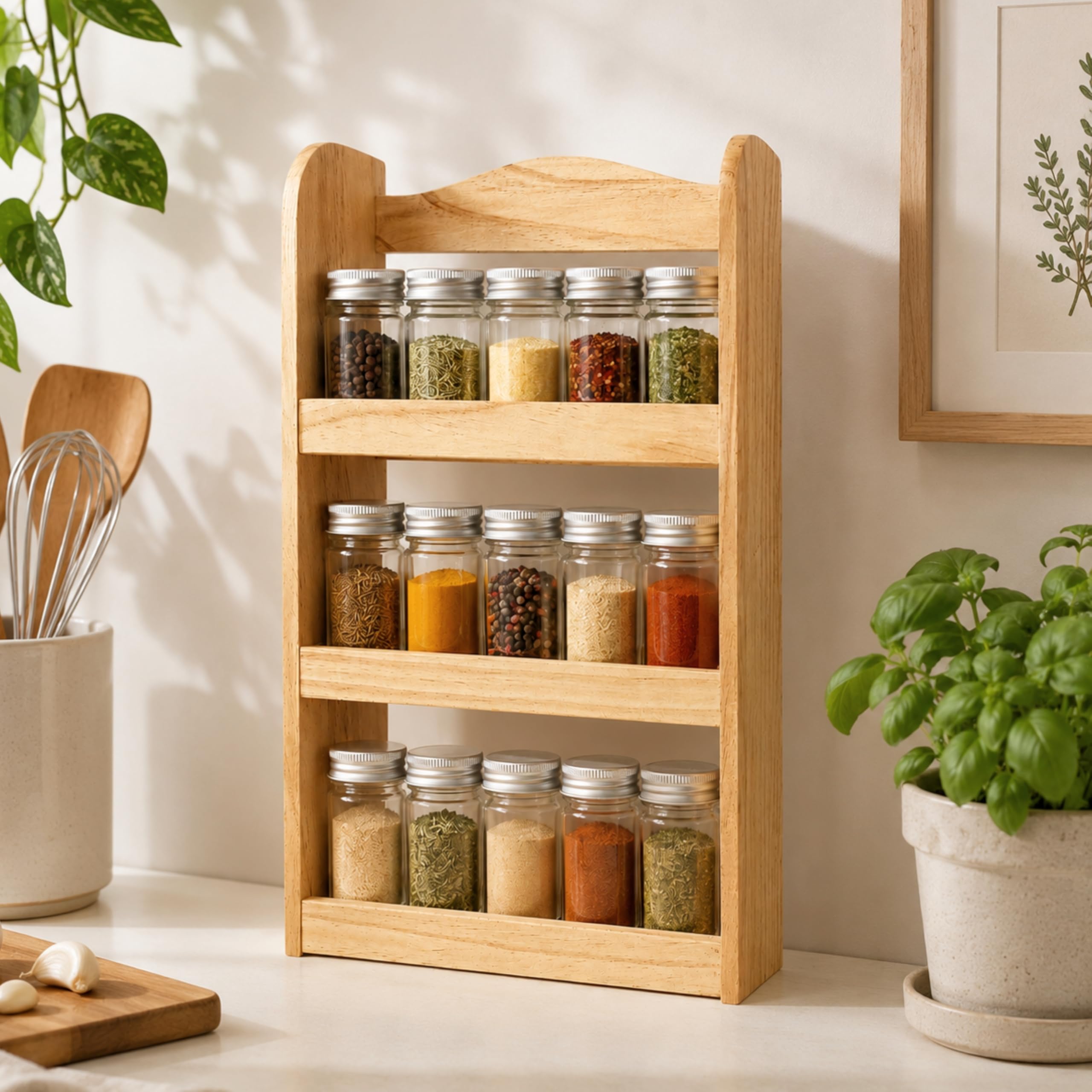 3 Tier Wooden Spice Rack Countertop - Freestanding Kitchen Herb & Seasoning Organiser Shelf, Natural Wood Storage Rack for Spice Jars, Herbs, Condiments & Small Bottles, Holds Up to 15 Jars