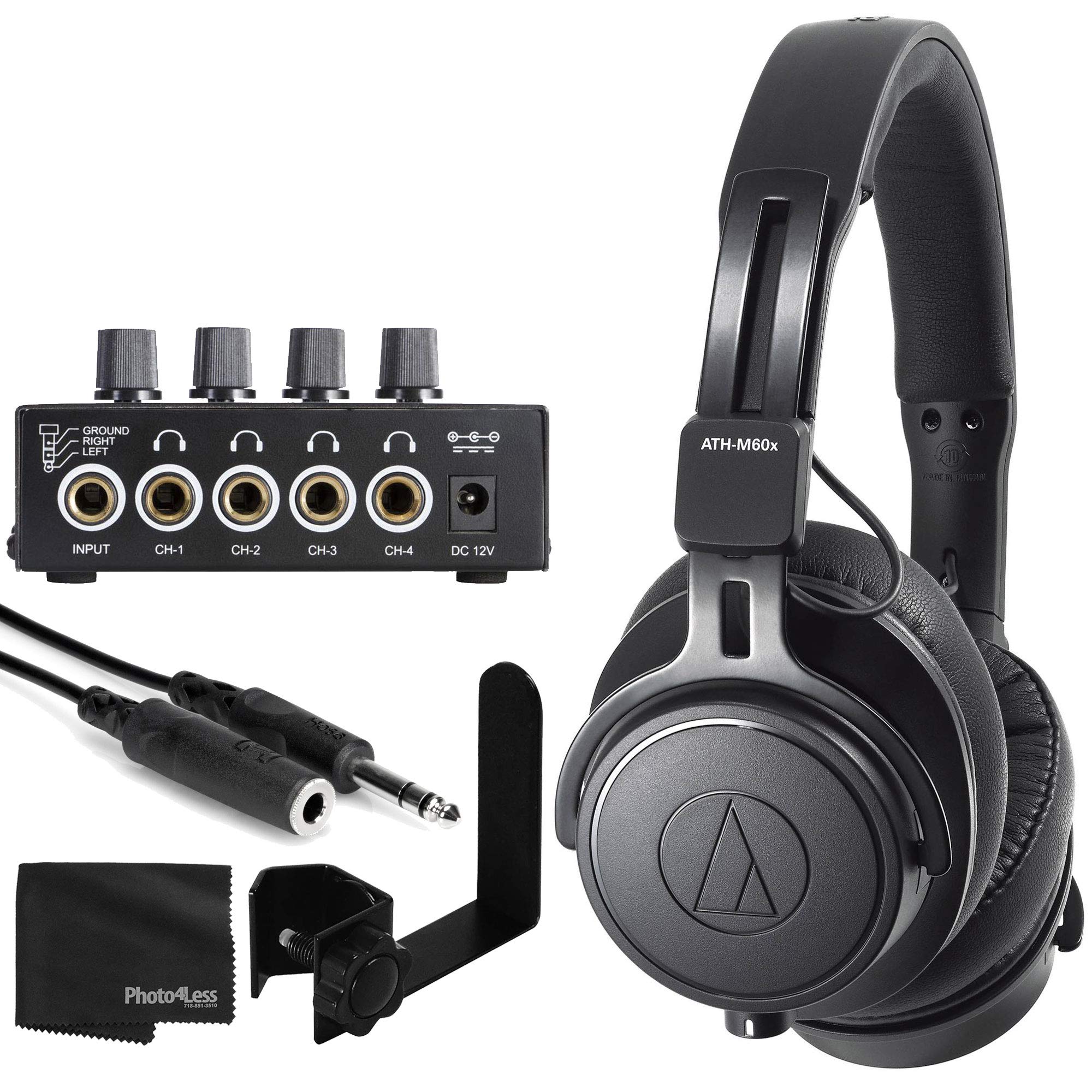 Audio-Technica ATH-M60x Closed-Back Monitor Headphones (Black) + On-Stage Pro Headphone Amplifier + On Stage MY570 Clamp-On Accessory Holder + Extension Cable - 