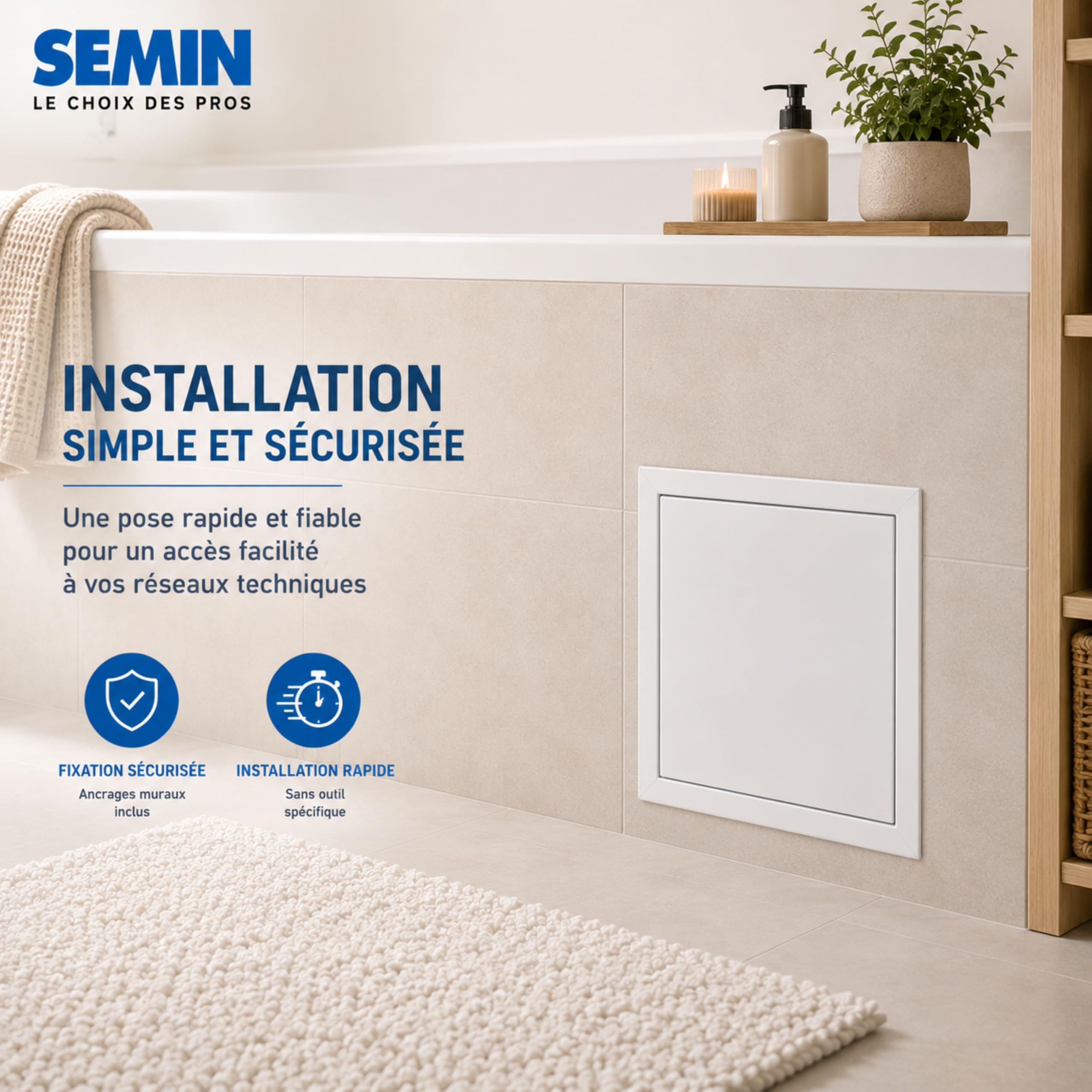 SEMIN Trappe de Visite HQ 500 x 500 mm – Trappe Métallique Laquée Blanche – Isolante Acoustique 29,8 dB – Étanche à l’Air et à la Poussière – Mur et Plafond – VMC et Gaines Techniques