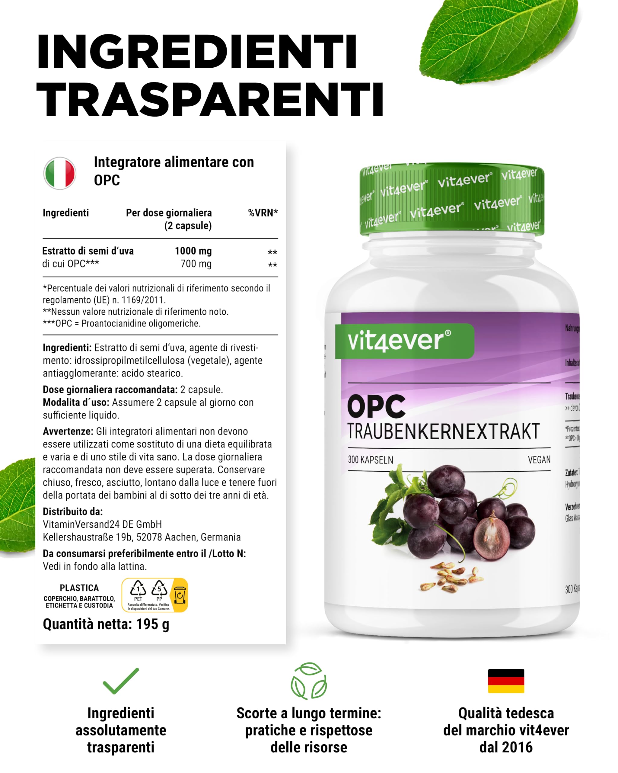 vit4ever OPC Estratto di semi d’uva - 300 capsule - 1000 mg di estratto con 700 mg di OPC - Massimo tenore secondo HPLC - Da uve europee - Vegano - Ad alto dosaggio
