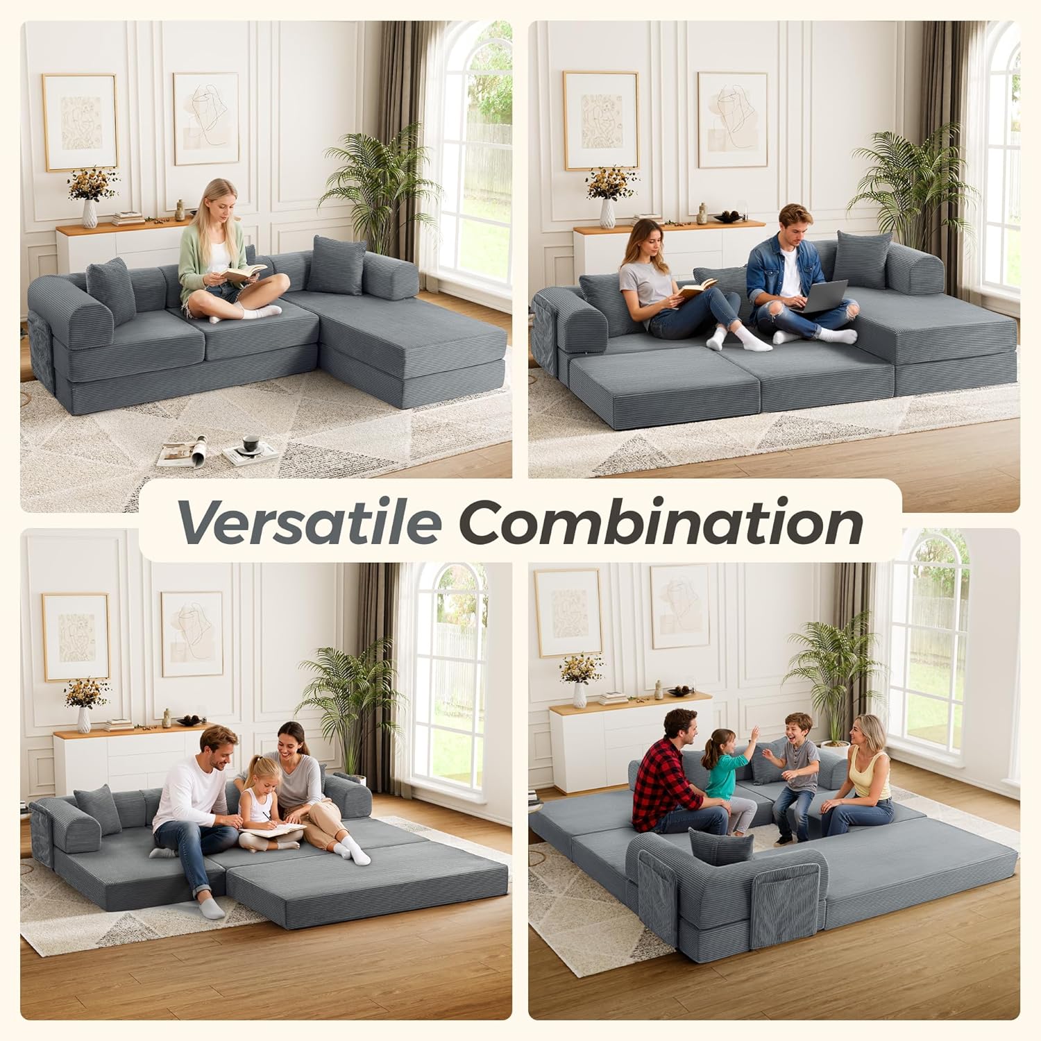 106" Modular Sectional Sofa Bed, L-Shaped Convertible Sleeper Sofa with Fixed-Shape Metal Frame, Oversized Corduroy Cloud Couch with Storage Pocket, No Assembly Couch for Living Room, Grey