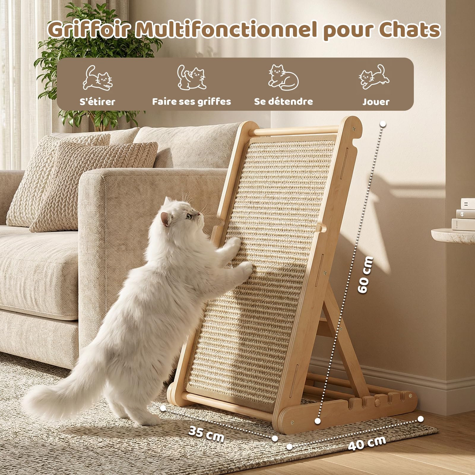 X XBEN Grattoir en Bois pour Chat, 60cm de Haut Griffoir Chat Pliable avec 5 Hauteurs Réglables, sans Montage, Forme de L Planche à Gratter en Sisal Naturel pour Préserve Canapé et Mur