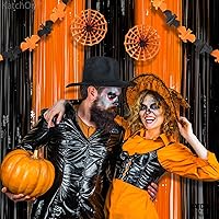 Vista 5 de KatchOn, Cortina de flecos de papel de aluminio negro y naranja, extra grande de 3.2 x 8 pies, paquete de 2 Serpentinas naranjas y negras