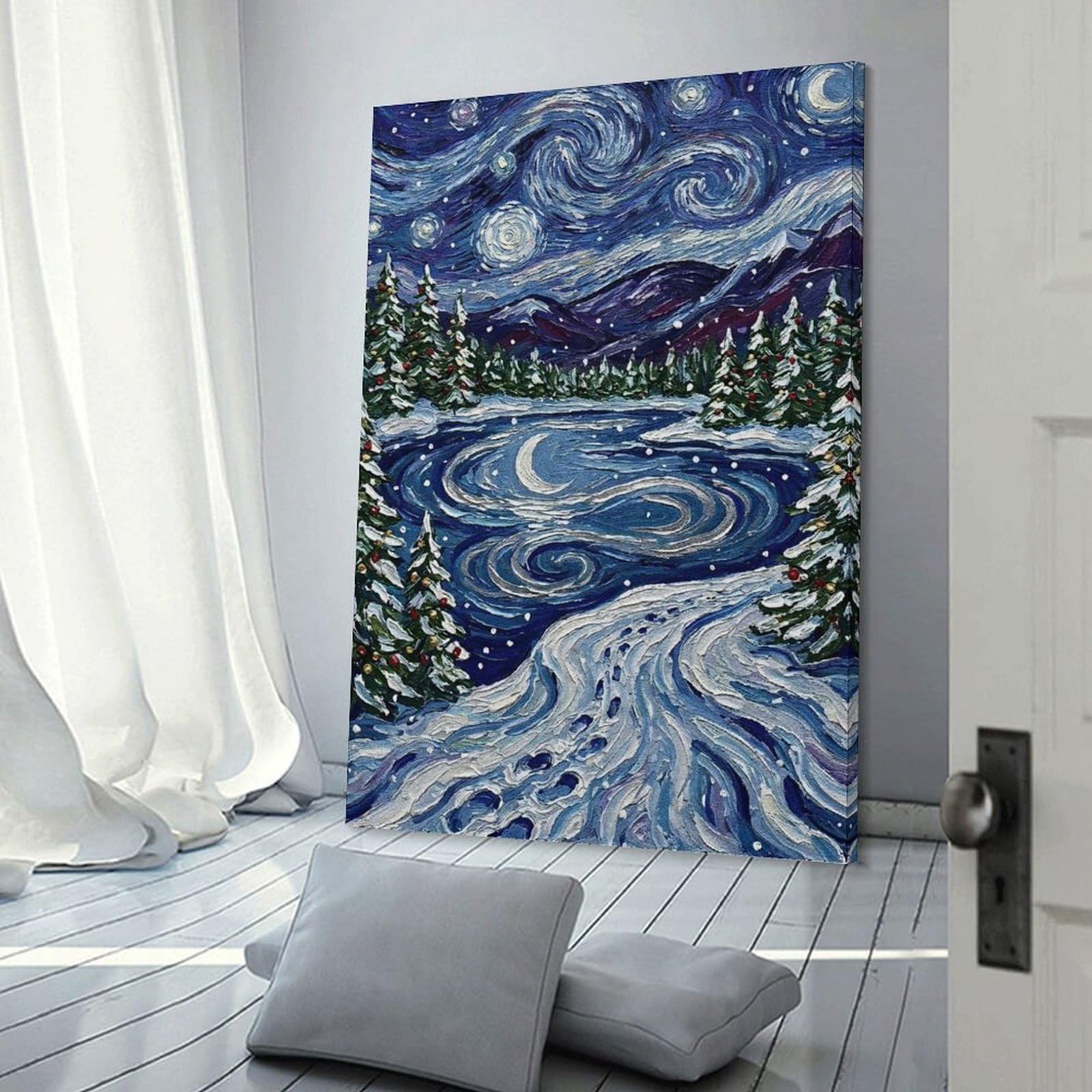 Junmoney Wall Picture Print Starry Winter Night Painting, 24x36inch(60x90cm), for Workspace Walls, Study Corners Or Bedrooms, A Smart Decor Choice for Study Walls