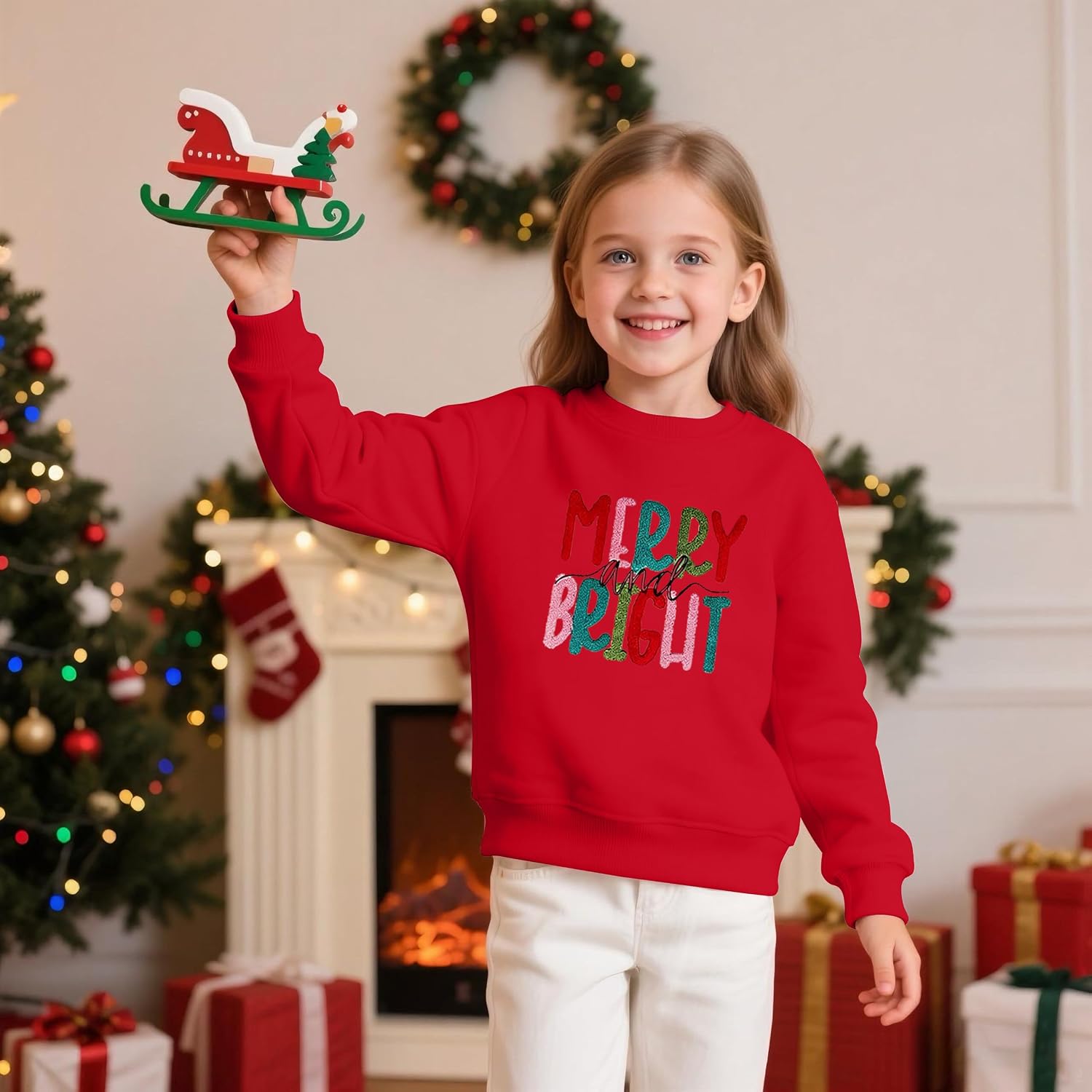 Kids Merry Christmas Sweatshirts Boys Girls Xmas Embroidered Long Sleeve Shirt Holiday Crewneck Pullover Tops