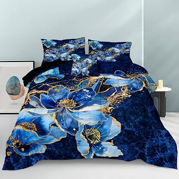 Bedorm Blue Marble Comforter Set Queen Floral Bedding Set Blue and Black Marble Stone Natural Texture Abstract Bedroom Comforter Set with Marble Pillowcases
