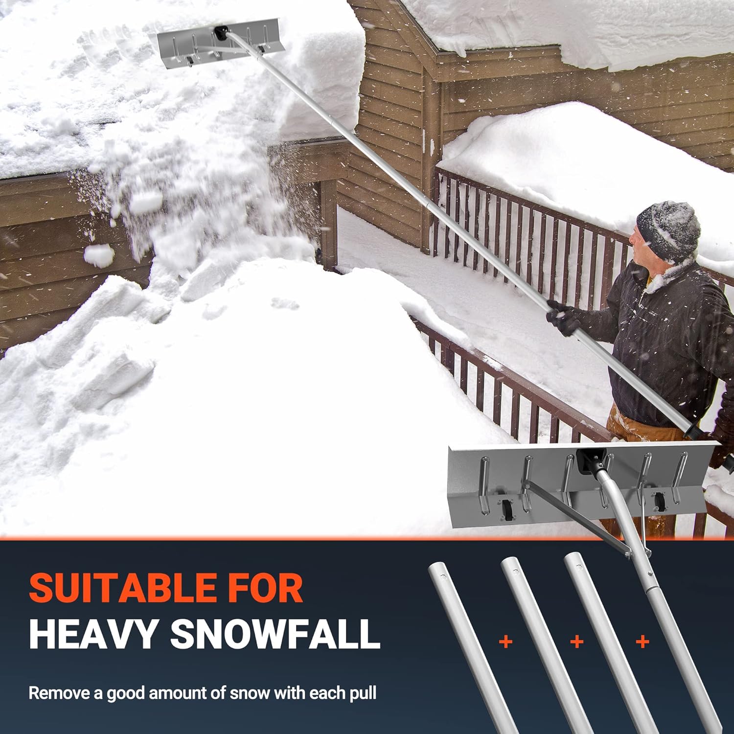 review VOLTASK 20 Feet Aluminum Snow Roof Rake, Telescoping Snow Removal Tool with 26 Inch Blade, Extension Tubes & Anti-Skid Handle, Suitable for Removing Snow, Leaves, Debris