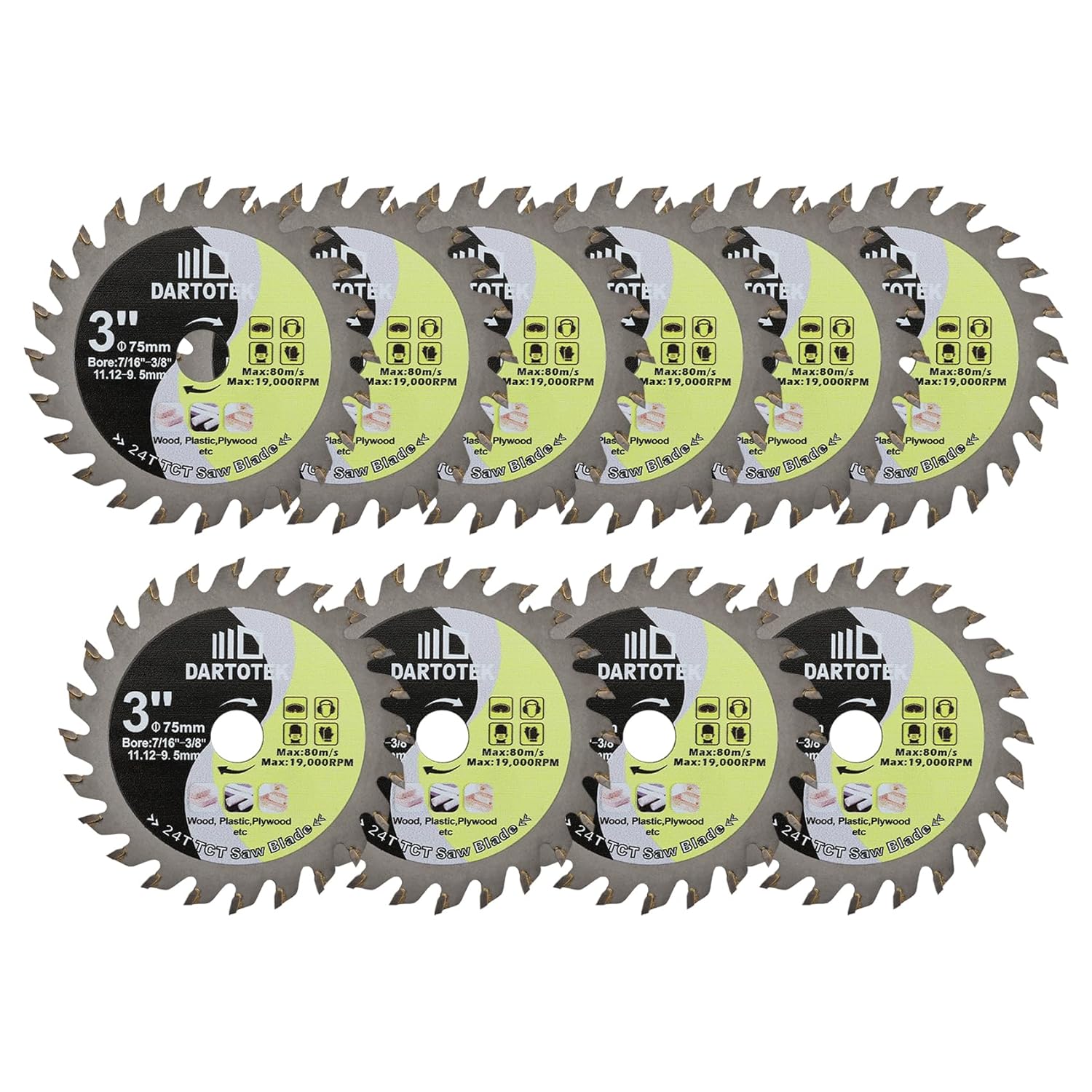 3-Inch/75MM Carbide Wood Cutting Disc,DARTOTEK 24T TCT Circular Saw Blade with 11.12mm/9.5mm, General Purpose for Cutting Wood,Plastic,Plywood,Chipboard,Multilayer on Mini Angle Grinder(10 of Pack)