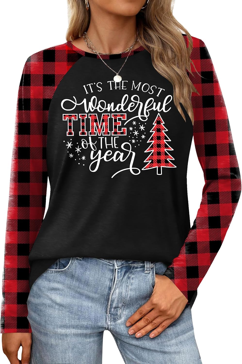 Merry Christmas Shirts for Women Christmas Tree T-Shirt Xmas Light Tee Shirt Buffalo Plaid Long Sleeve Tops