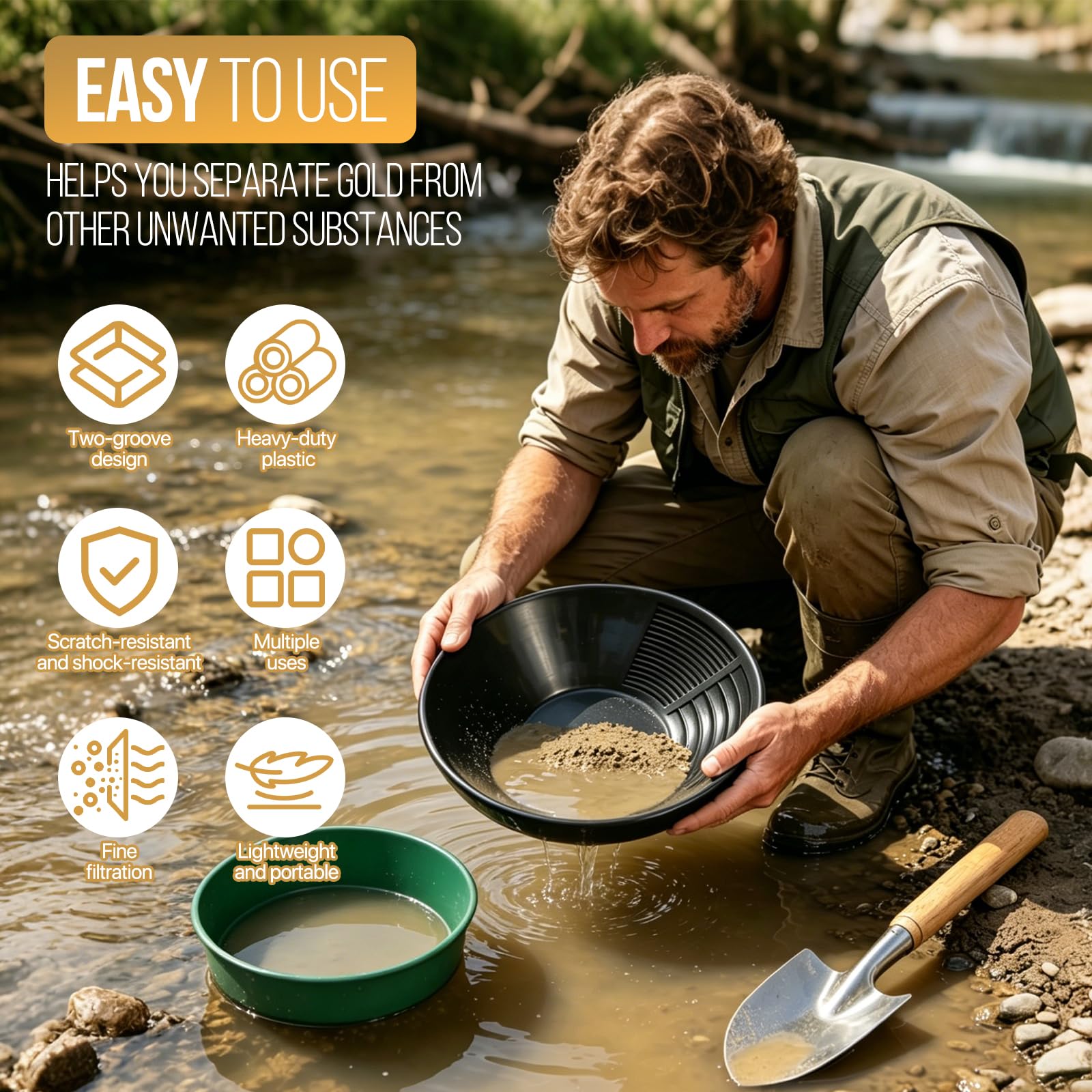 Kit Orpaillage Gold Pan Batee Rampe Lavage Manuel Or Panning Noir