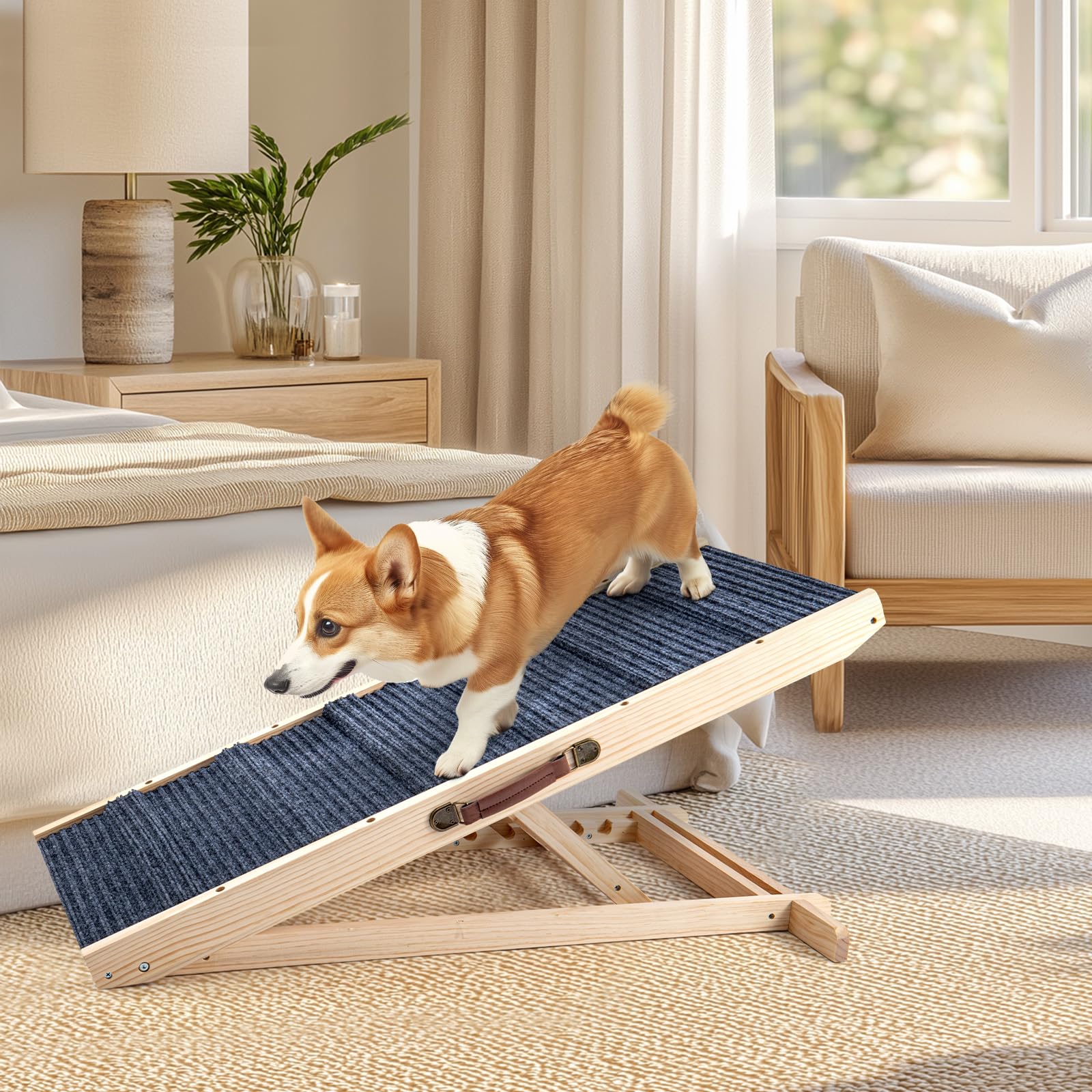 Trintion Hunderampe Klappbare Hunderampe aus Holz HöHenverstellbar 30-60cm rutschfeste Haustiertreppe Für Hunde Und Katzen Hunderampe Klappbar HöHenverstellbare Haustiertreppe rutschfeste Rampe