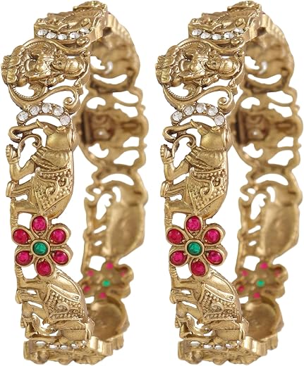 CUTE GOLD One Gram Gold Plated Traditional Antique Temple Stone Bangles for Women and Girls (4060)