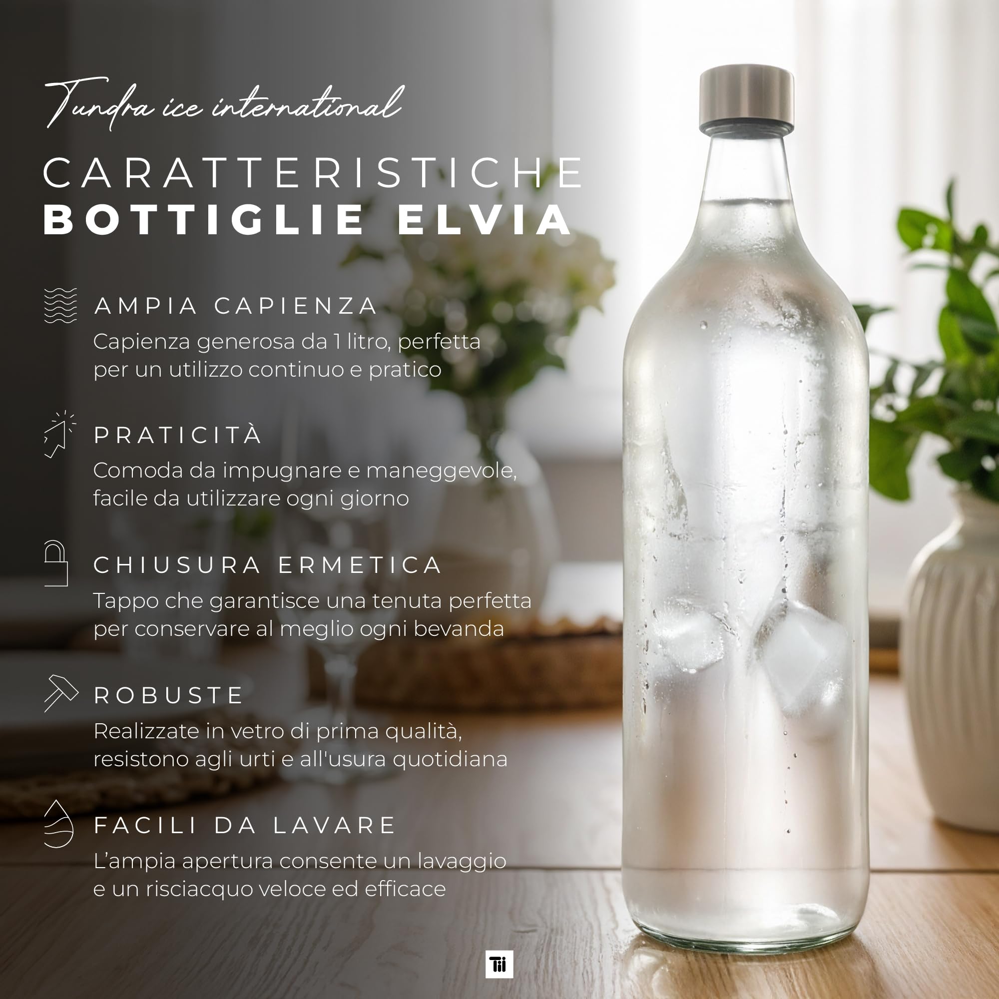 TUNDRA - Set 6 Bottiglie Vetro 1 litro - con 6 Tappi a Vite e 1 Imbuto | Linea ELVIA | Bottiglie da Tavola in Vetro: Resistenti, Lavabili in Lavastoviglie e BPA-Free - Per Acqua, Succhi, Bevande