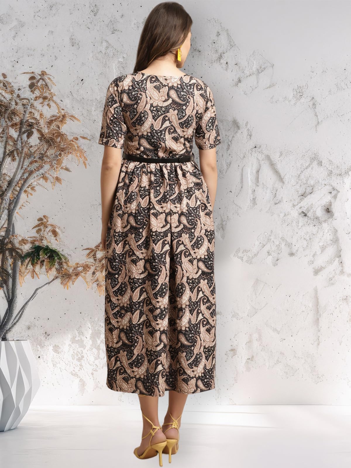 Preneum Girls's Georgette Floral Printed 3/4 Slevees A-Line Fit & Flare Gown With Belt, Black, M