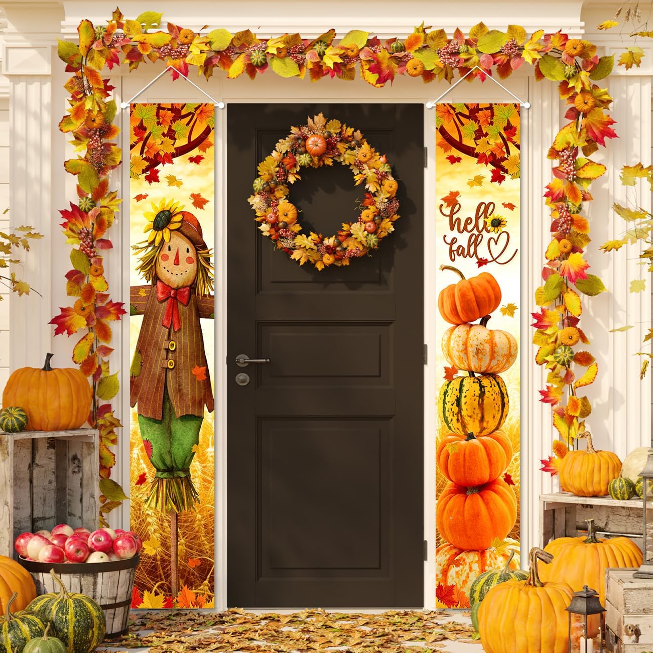 Hello Fall Porch Decor Autumn Harvest Porch Banner Sign Thanksgiving Scarecrow Pumpkin Front Door Sign Hanging Welcome Banner for Indoor Outdoor Home Farmhouse Yard Harvest Party Decorations
