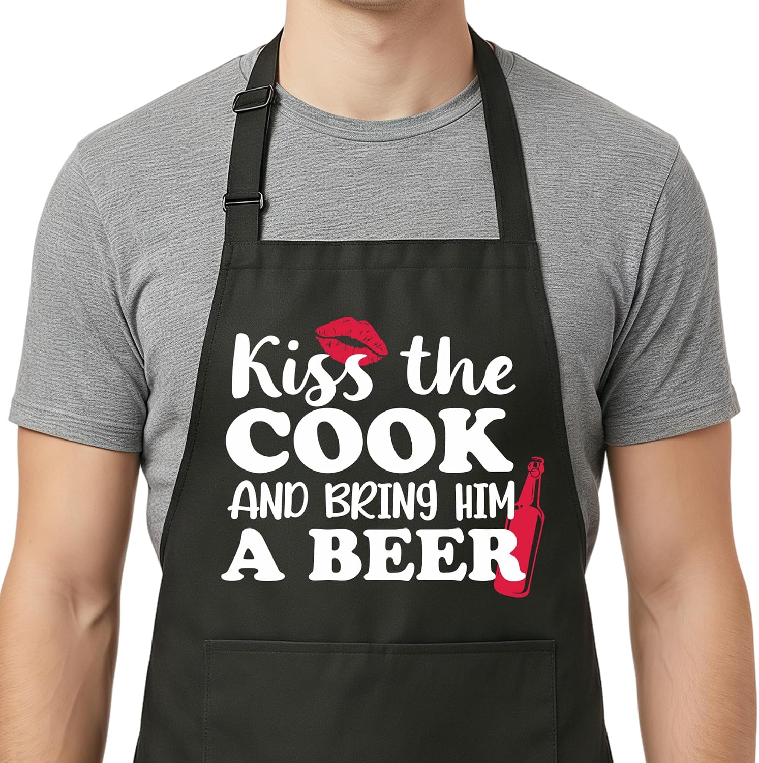 Funny Kiss the Cook Apron for Men,Adjustable Water-Resistant Chef Apron with 2 Pocket for Cooking Baking,Farther's Day Birthday Housewarming Grilling Gifts for Husband Friends Dad