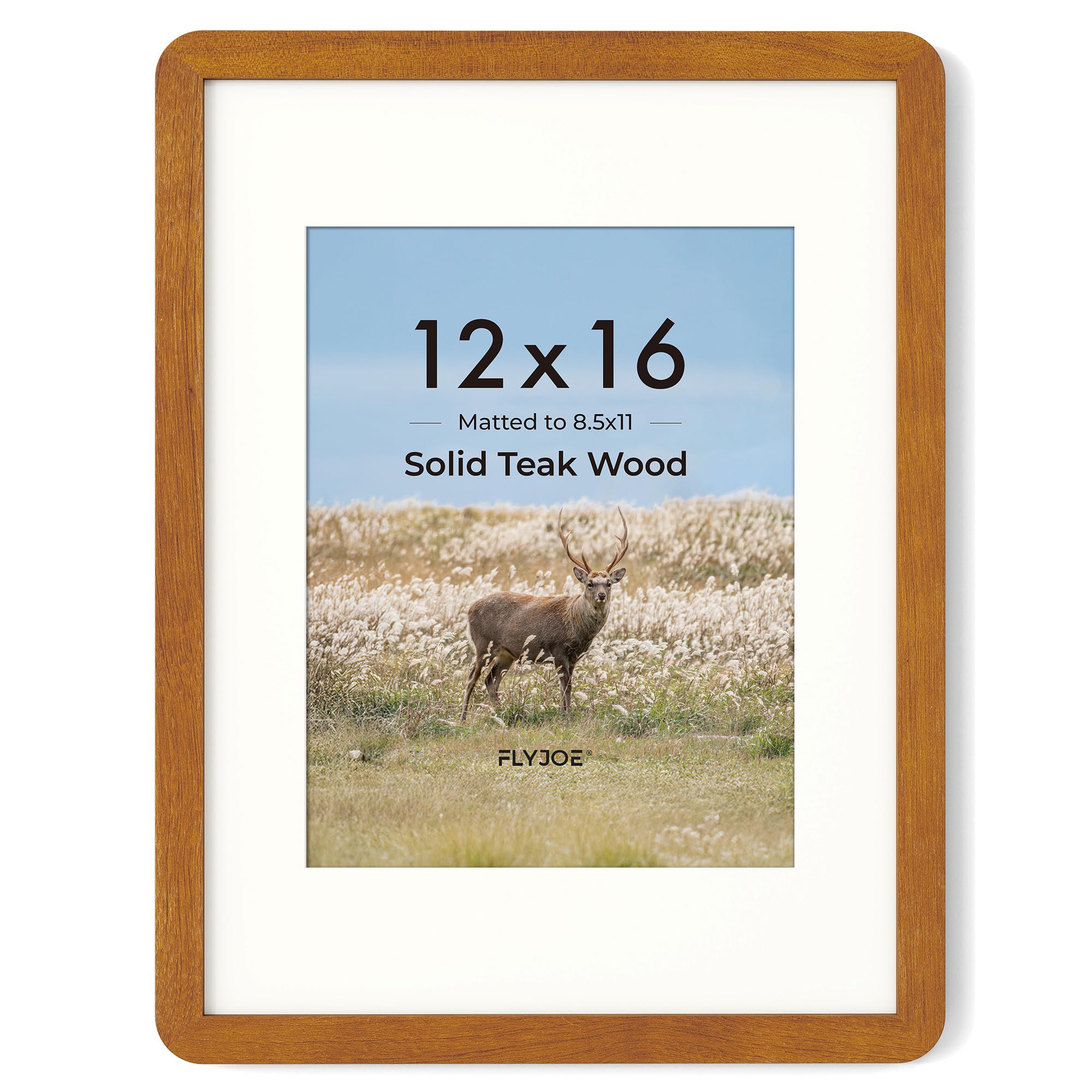 Photo 1 of FLYJOE 12x16 Picture Frame - Solid Teak Wood 12x16 Poster Frame, 12''x16'' Picture Frame With Mat For 8.5x11, Tempered Glass and Hanging Hardware Included, 16 By 12 Frame Wood, Natural Teak
